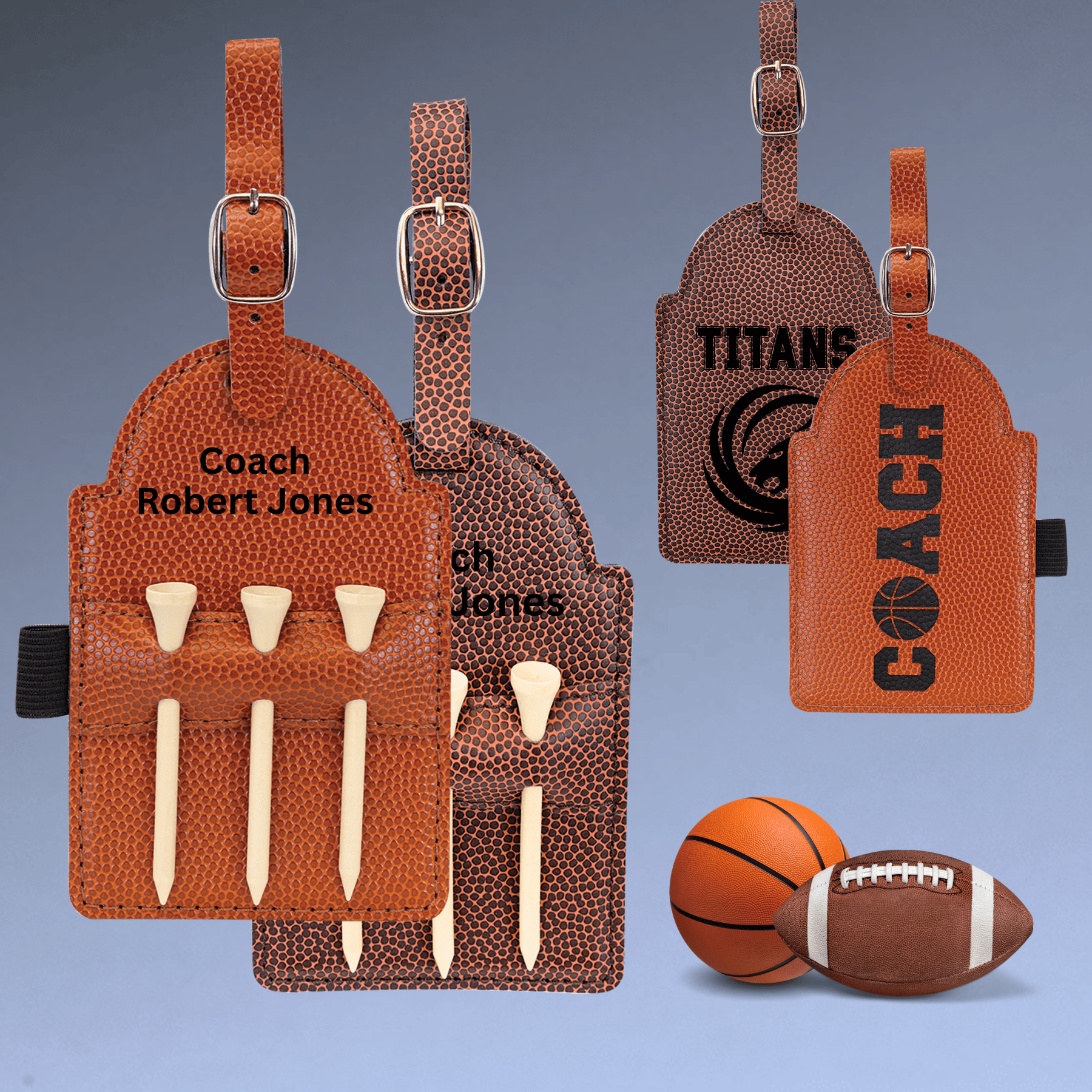 Personalized Golf Bag Tags with 3 Tees in Leathrette Colors Football / Football Leatherette