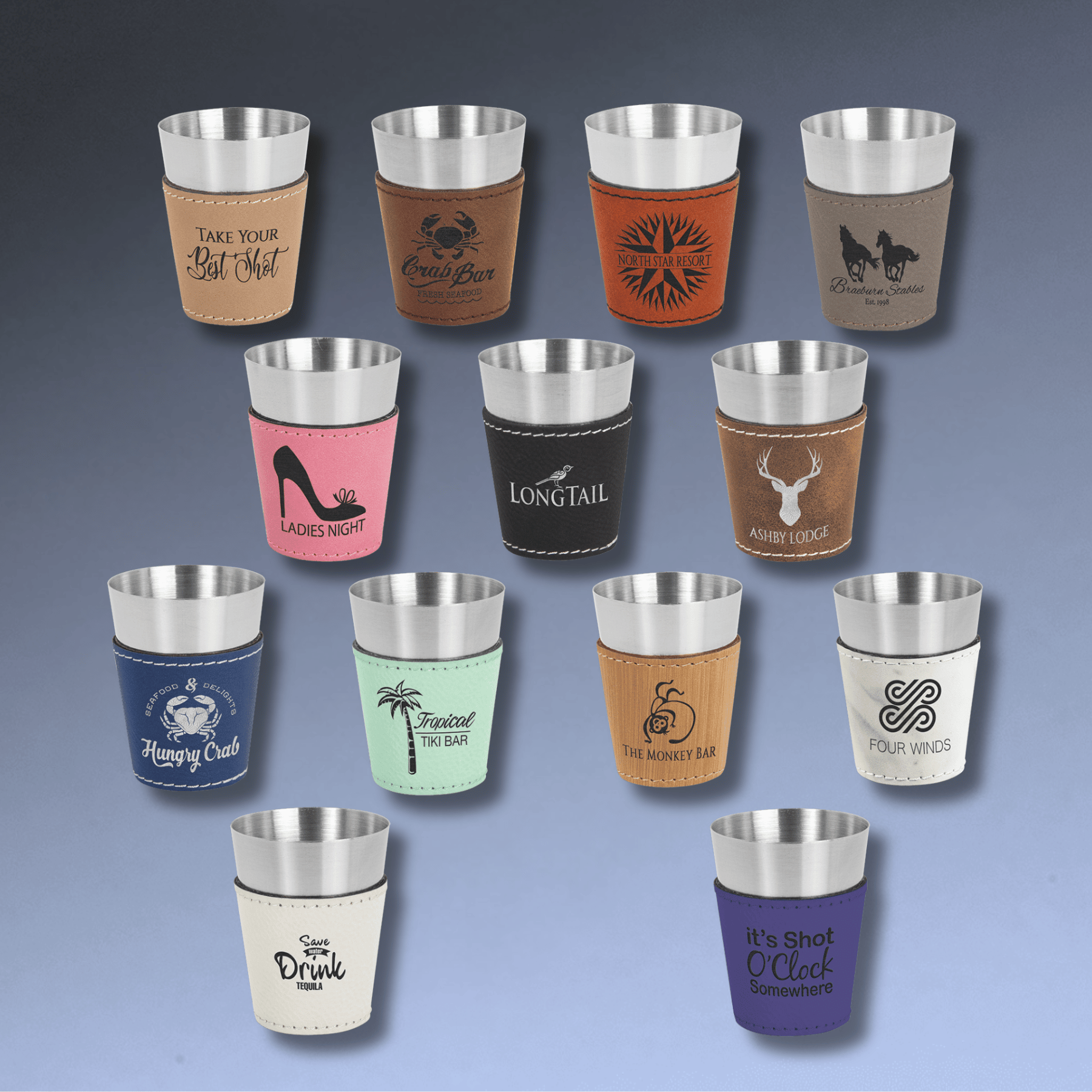 Personalized Shot Glasses with Leatherette Wrap