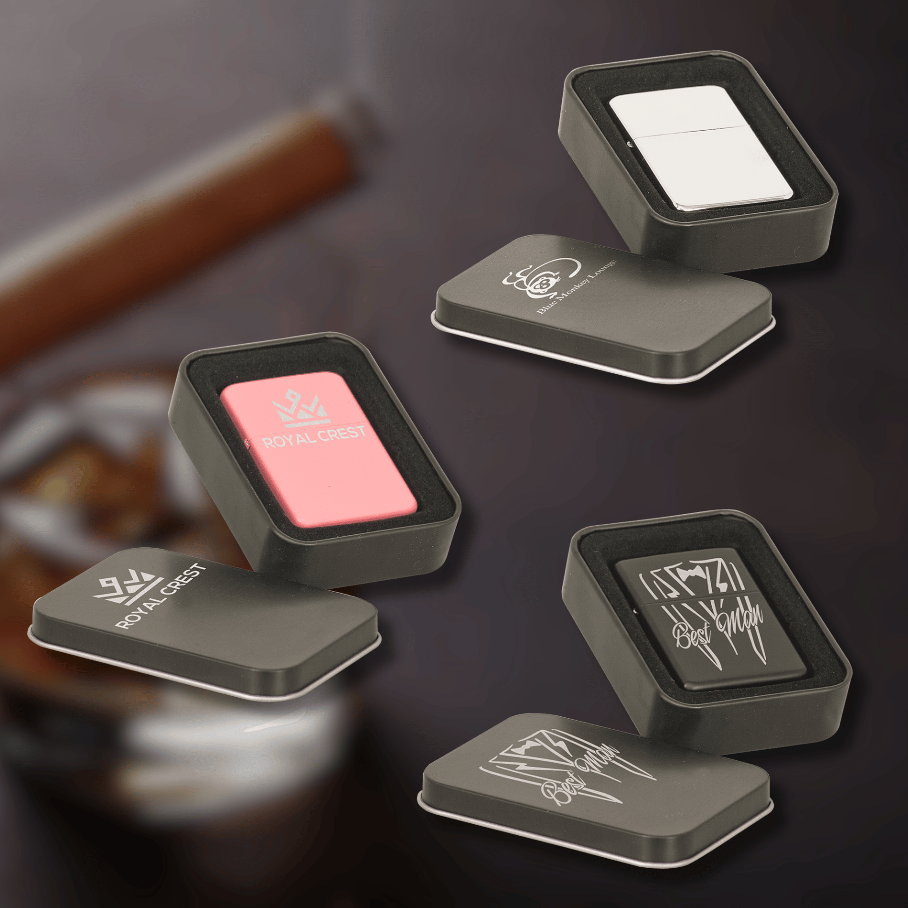 Custom Engraved Metal Lighters with Black Tin – Chrome, Black or Pink Matte Black