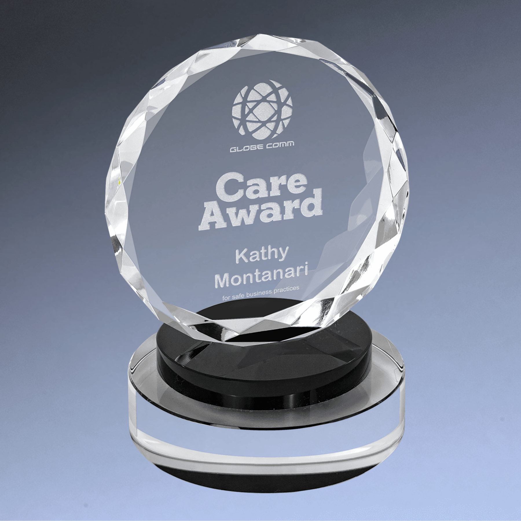 Round Faceted Crystal Award with black base, customized for corporate care recognition, ideal for honoring ethical business practices.