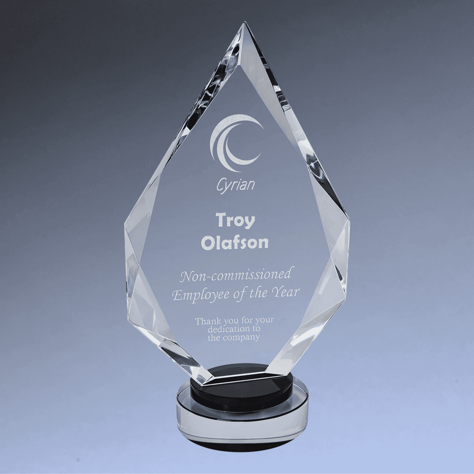 Diamond-shaped Faceted Crystal Award on black base, customized for employee of the year recognition in corporate and service sectors.
