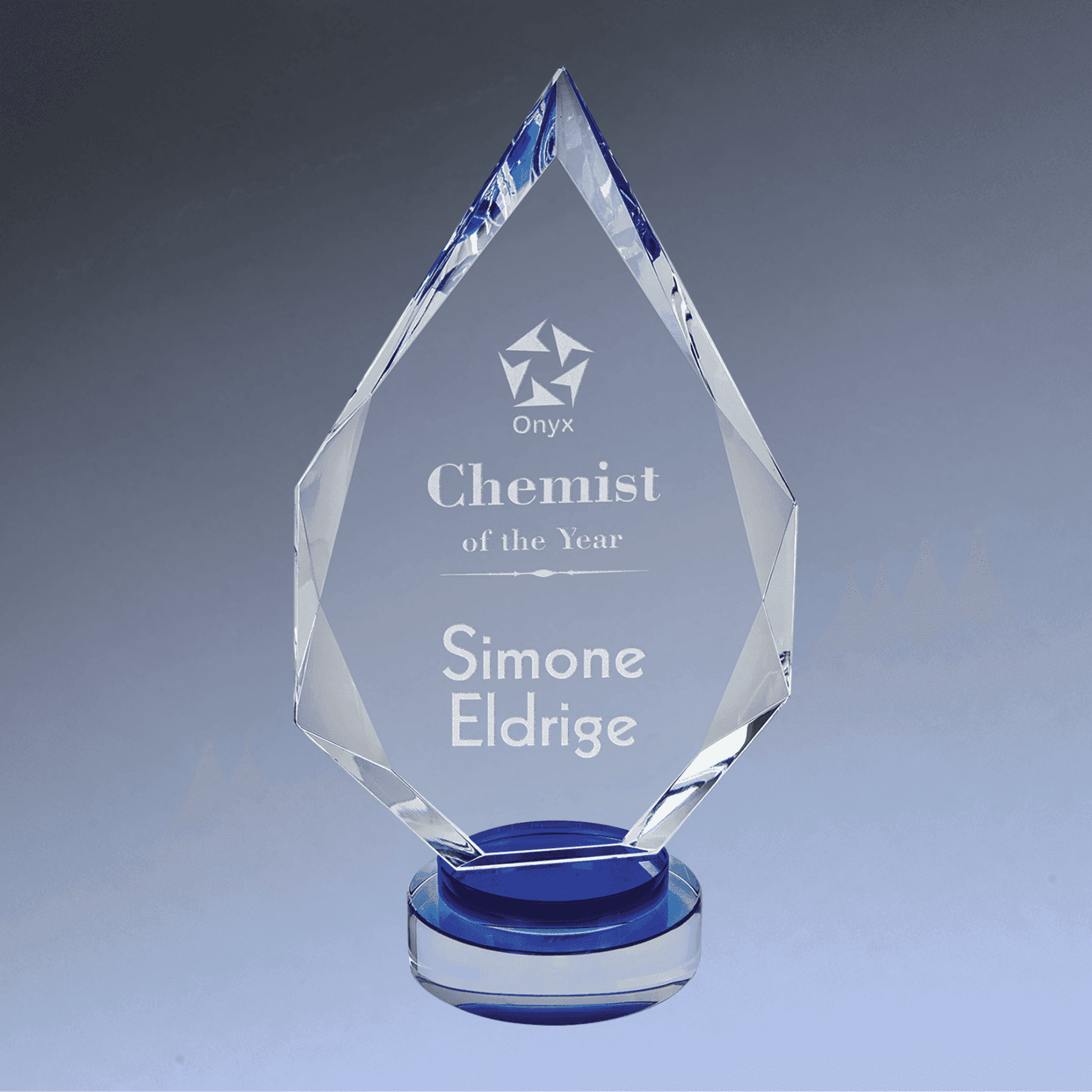 Diamond Faceted Crystal Award with blue base, engraved for Chemist of the Year, ideal for scientific and corporate milestone recognition.