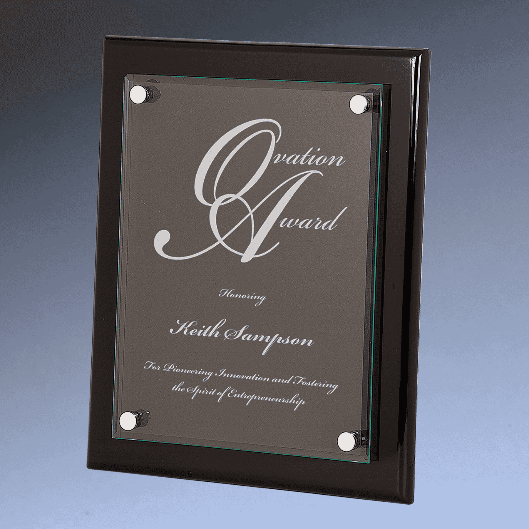 Floating Glass Plaque with Black Piano Finish Backing 