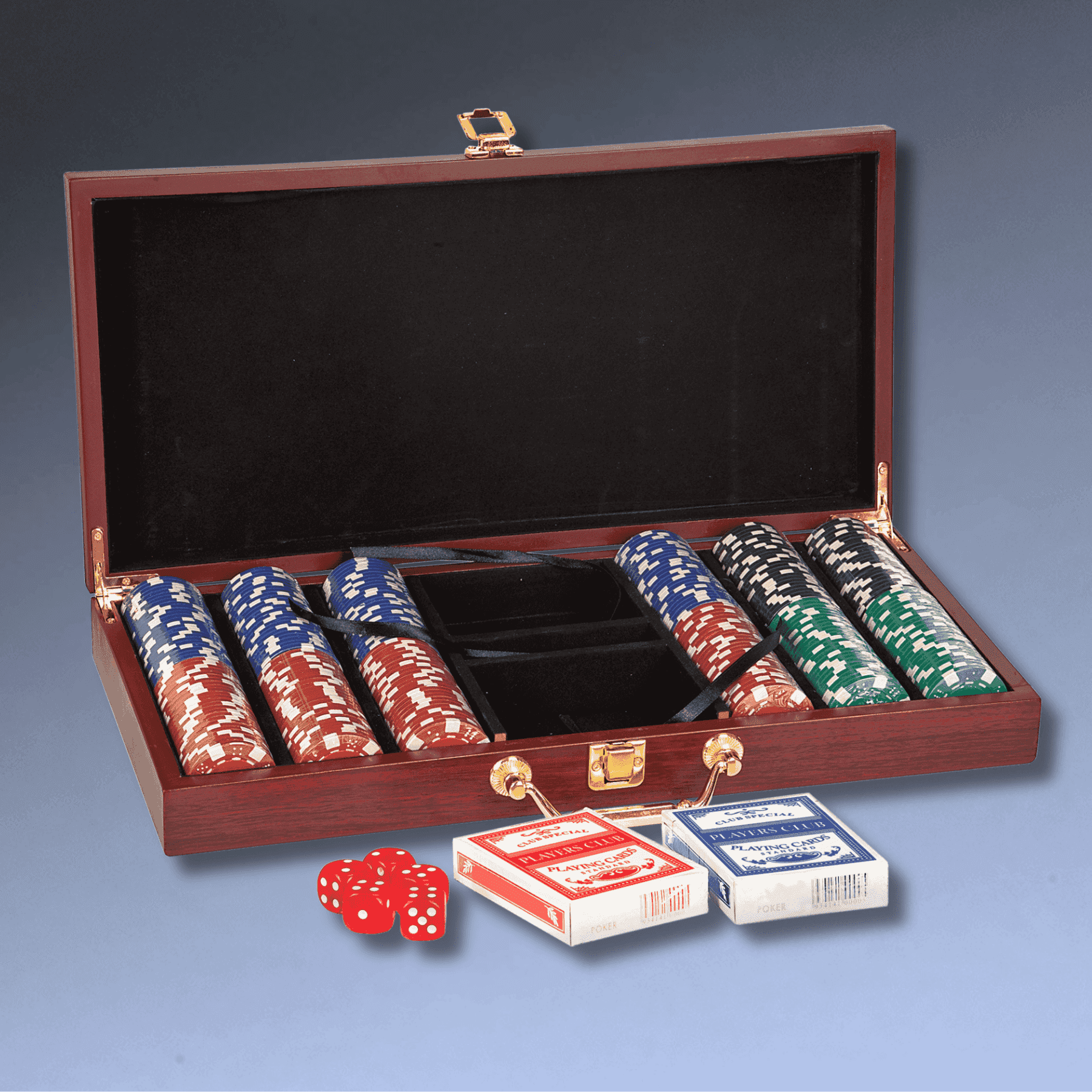 Personalized Poker Gift Set - 300 Chips, Cards & 5 Dice in Rosewood Box