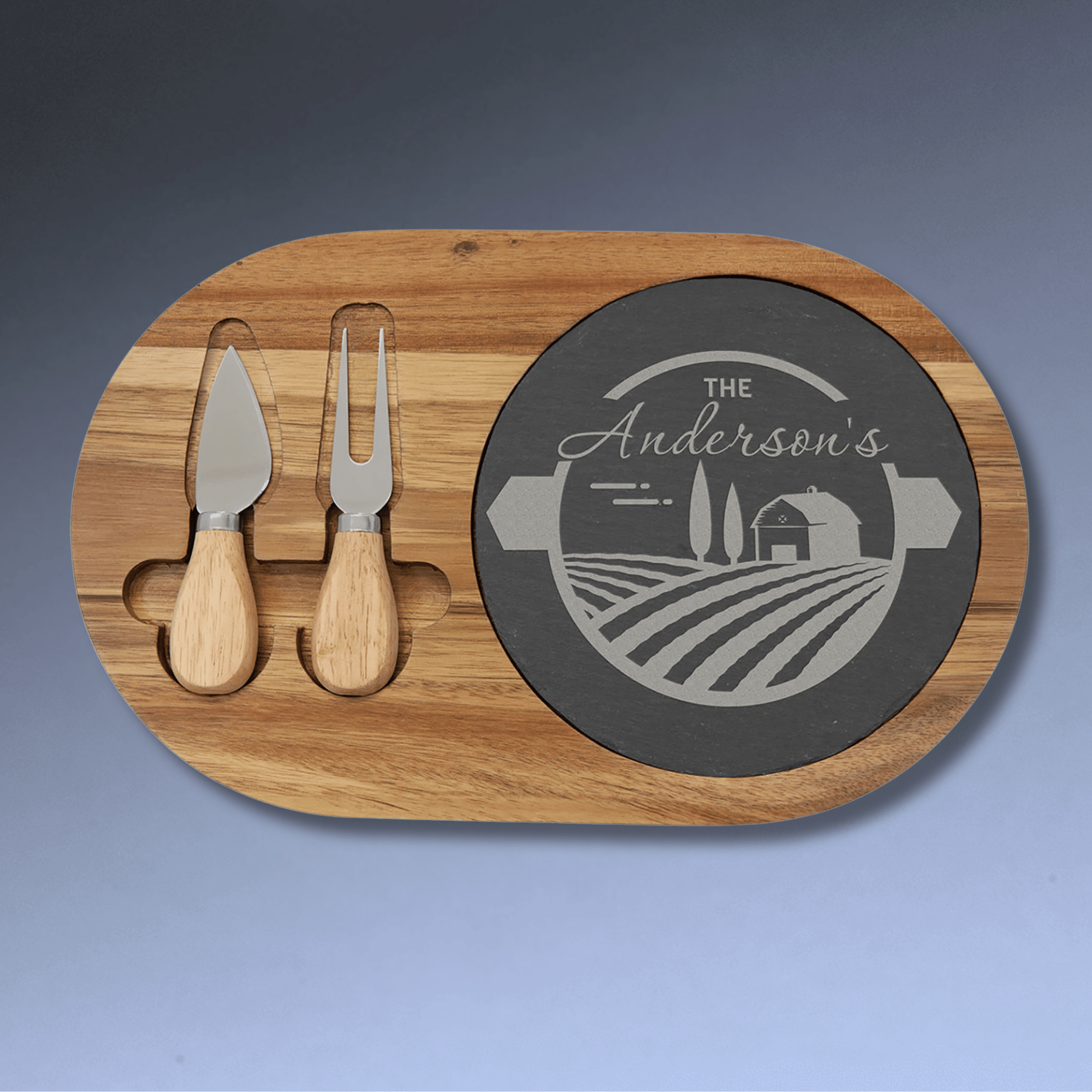 Engraved Acacia Wood and Slate Cheese Board Set with Serving Tools Oval (with 2 Cheese Tools) / 12 1/2" x 7 3/4"
