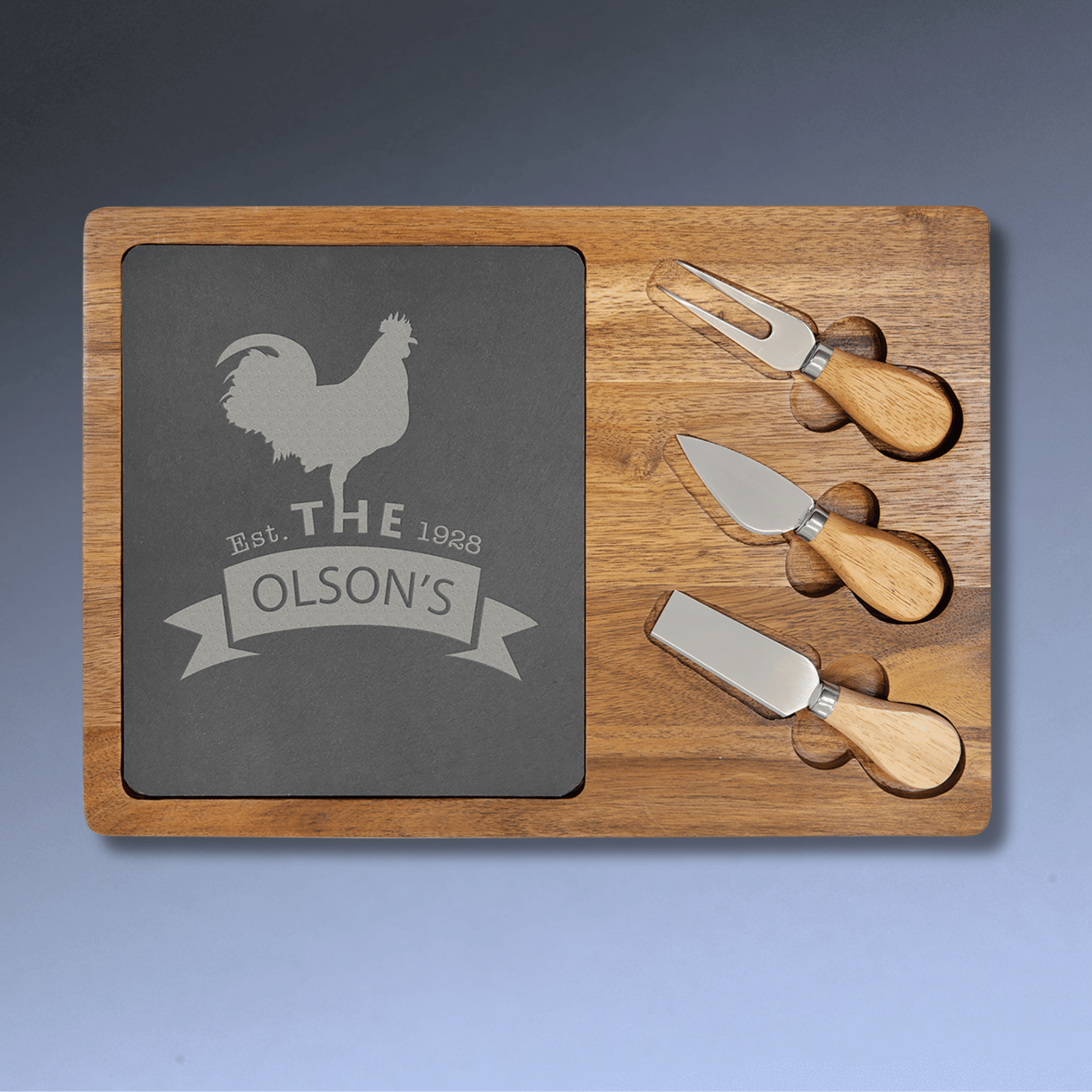 Engraved Acacia Wood and Slate Cheese Board Set with Serving Tools Oval (with 2 Cheese Tools) / 12 1/2" x 7 3/4"