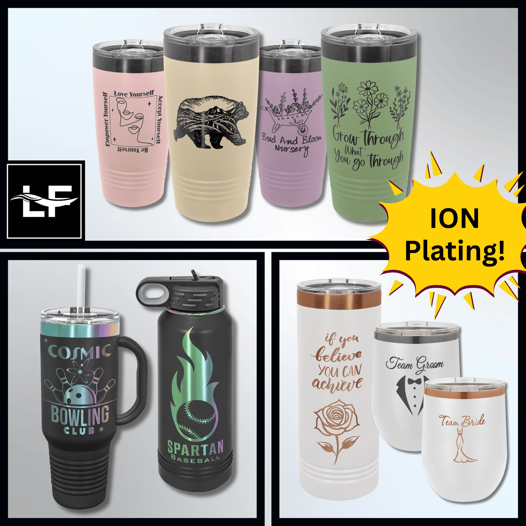 Ion Plated Insulated Tumblers and Water Bottles with Custom Engraving 