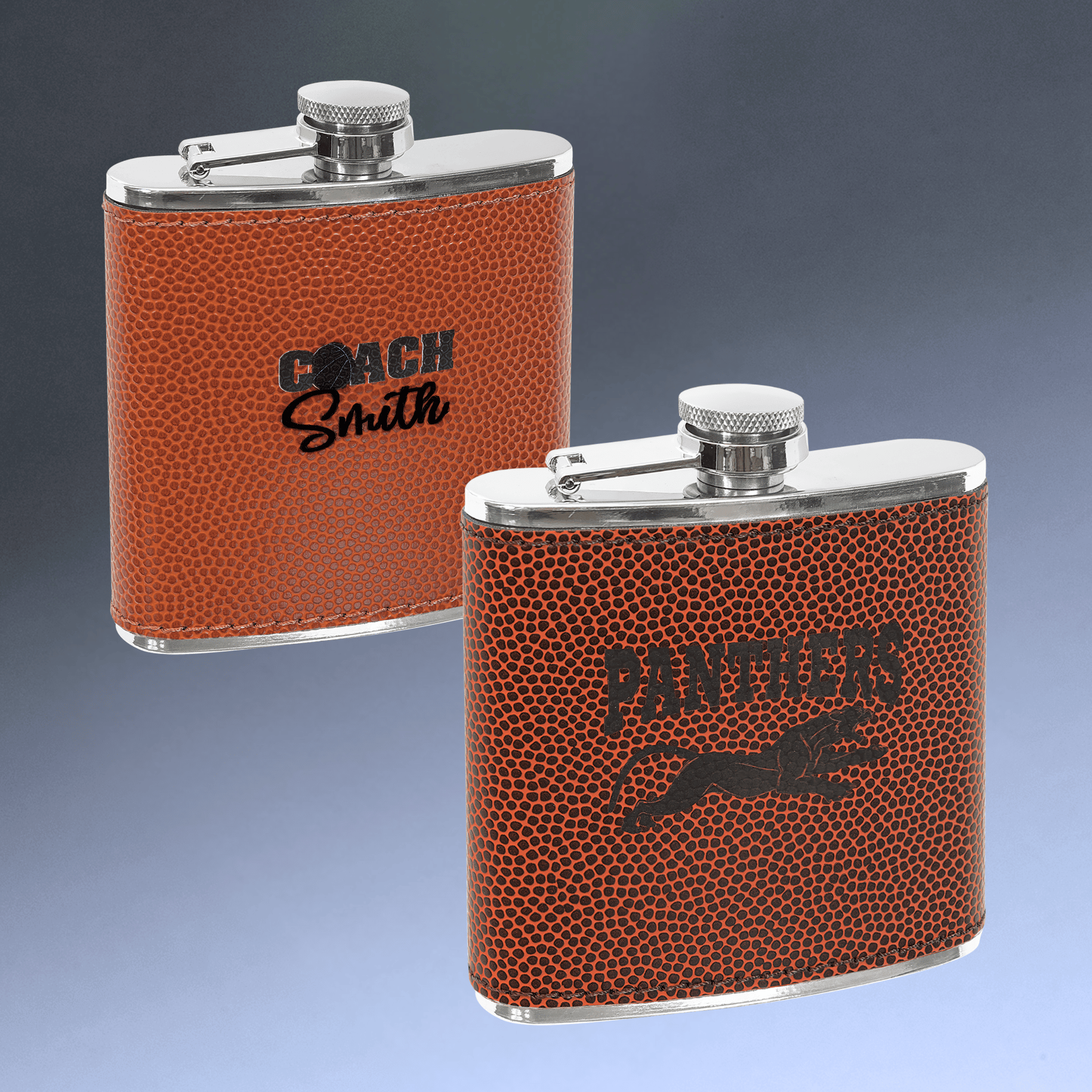Personalized Flasks – 6 oz. Stainless with Leatherette & Cork Wraps Leatherette / Black/Gold / 6 oz.