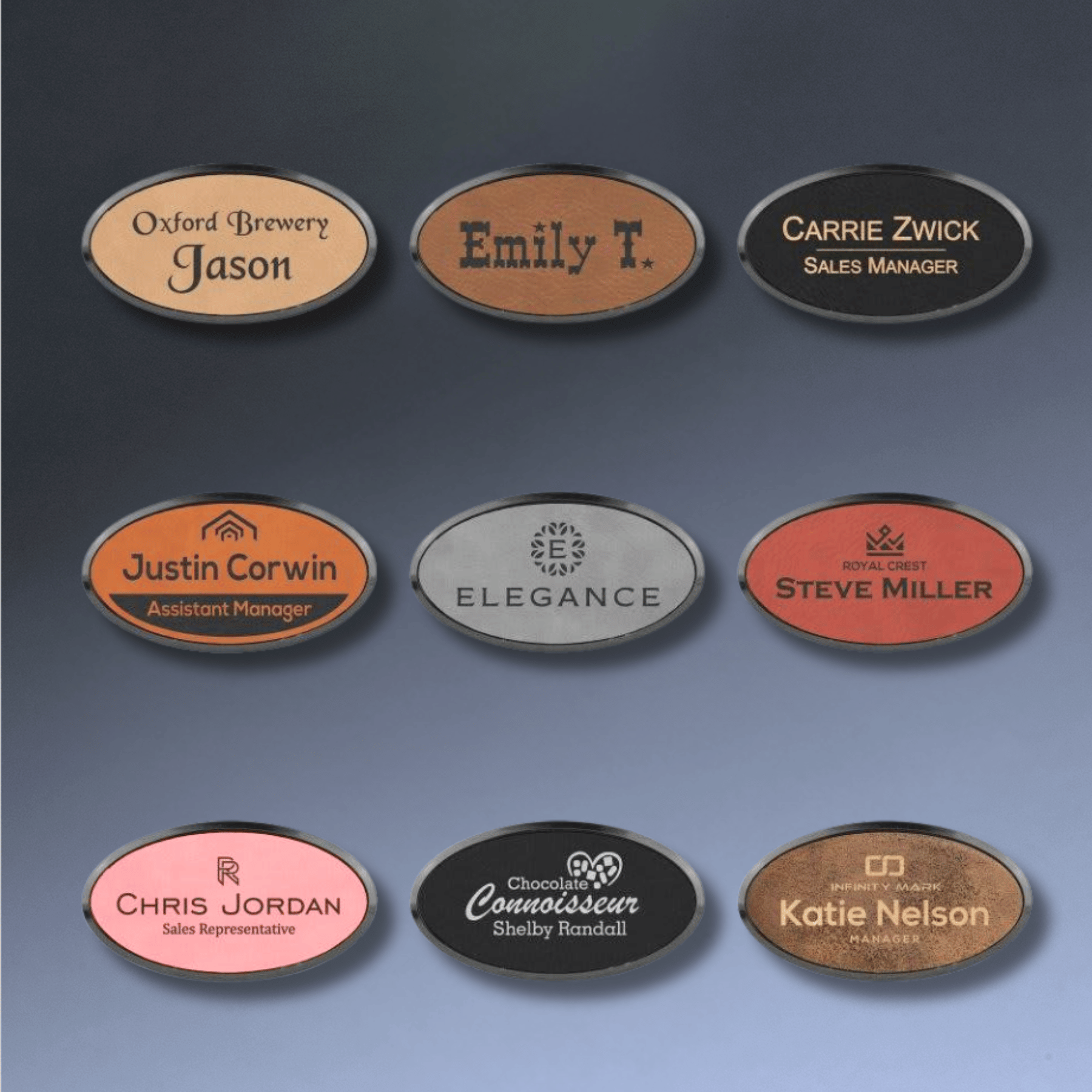 Personalized Name Badges with Black Frame in Leatherette Colors Oval - Double Post Bar Pin Back with Clutches / 3 1/2" x 1 1/2" / Black/Gold