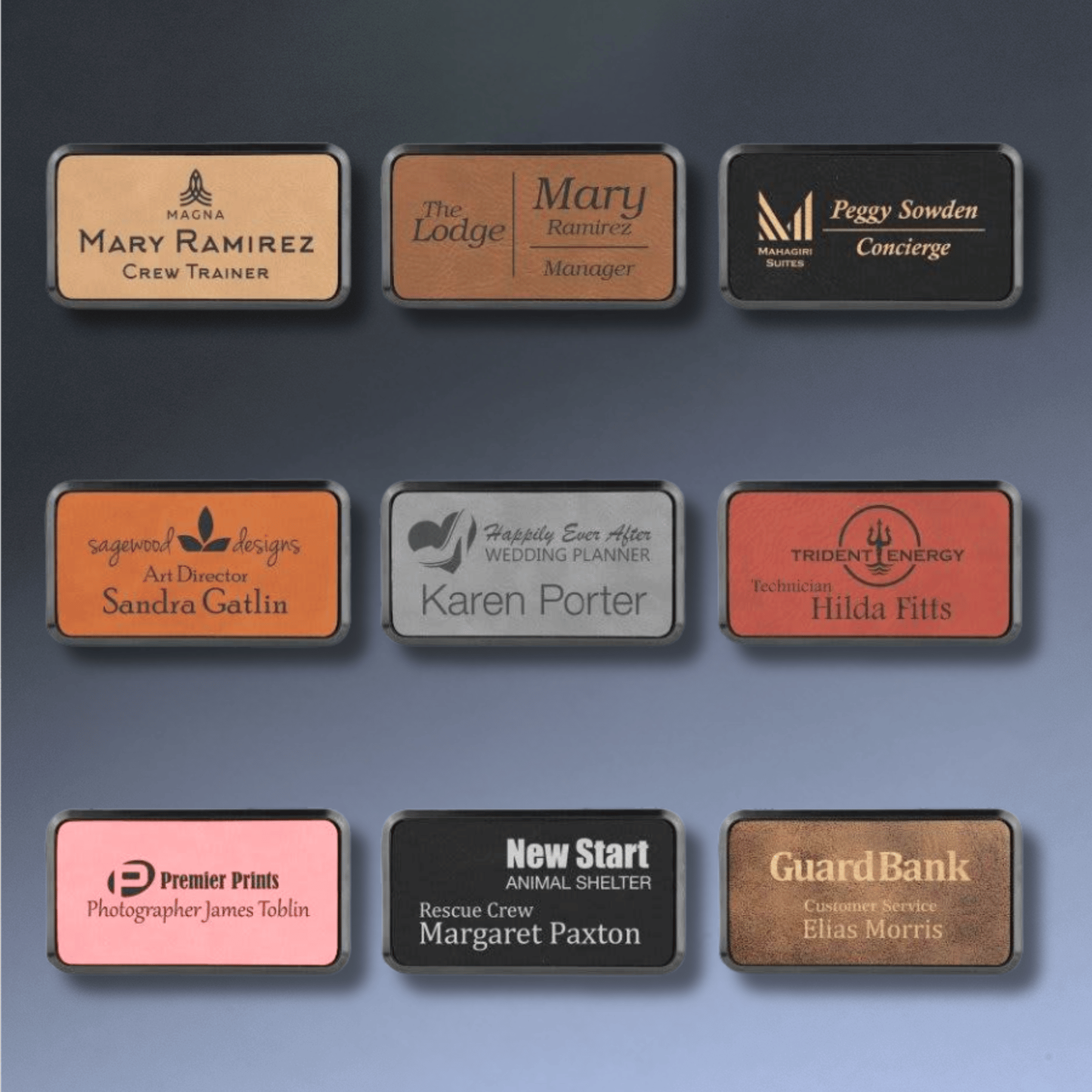 Personalized Name Badges with Black Frame in Leatherette Colors Oval - Double Post Bar Pin Back with Clutches / 3 1/2" x 1 1/2" / Black/Gold