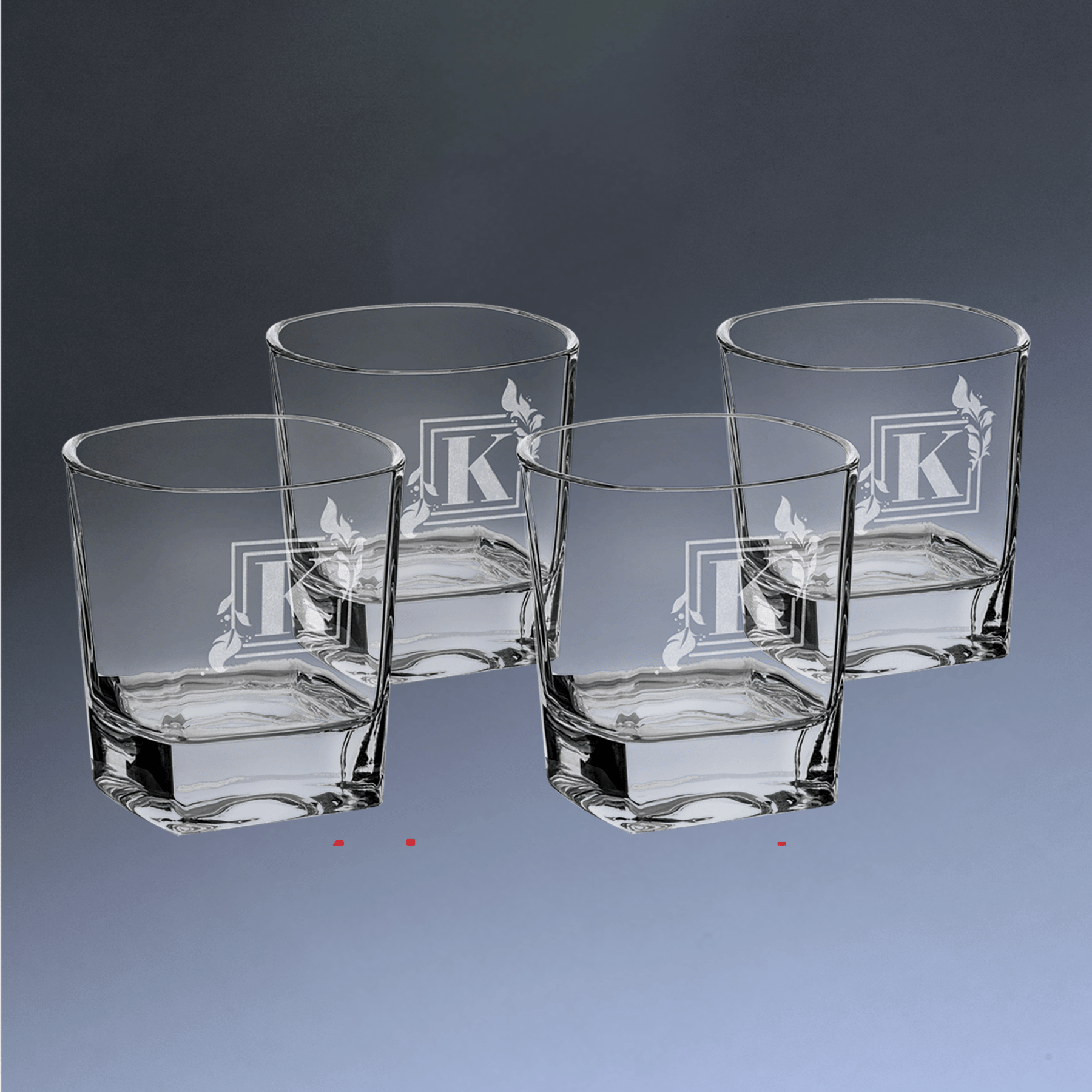 Custom Engraved Whiskey Glasses - Set of 4 Gift Set Square Diamond Cut Bottom / 8 oz.