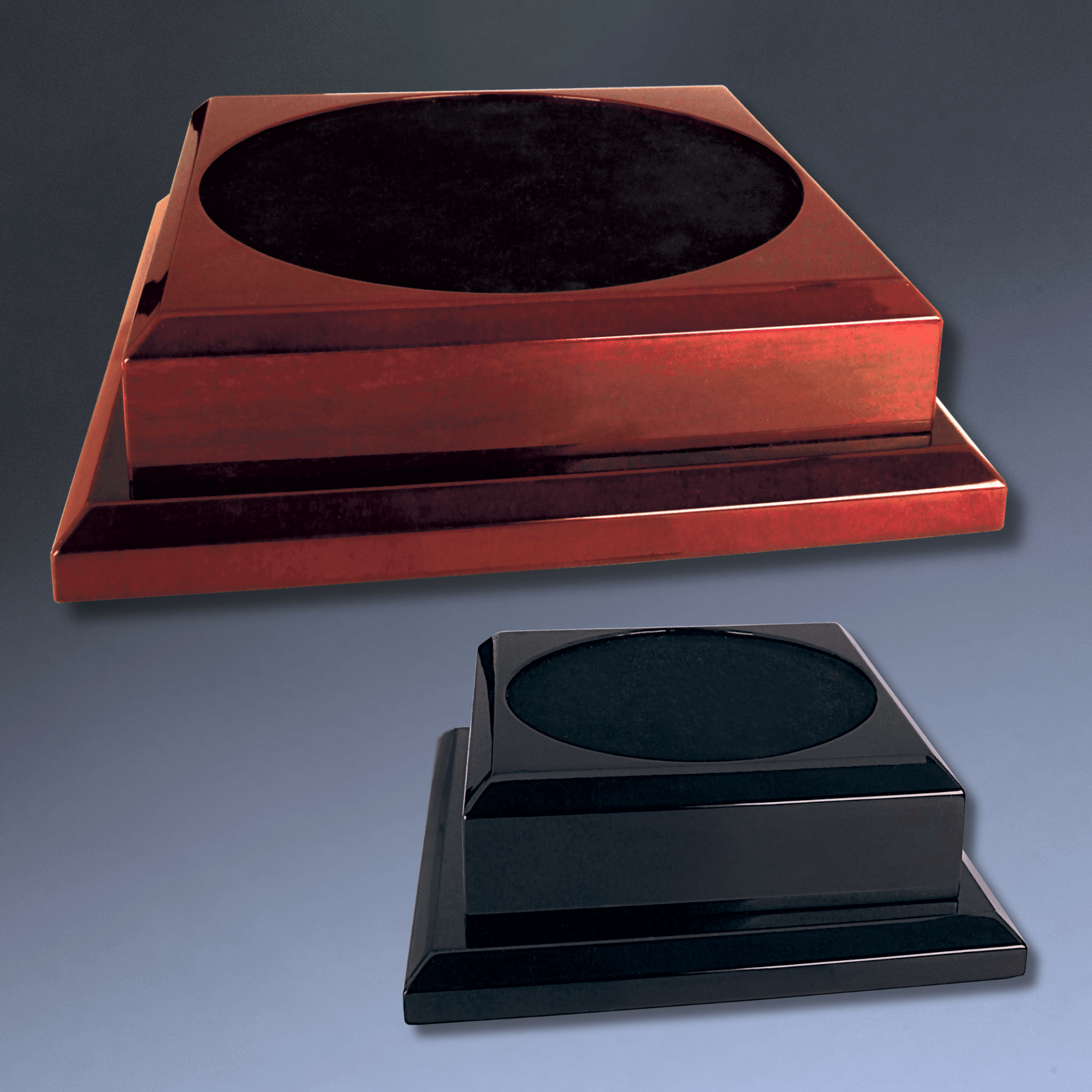 Engraved Royal Piano Finish Pedestal Base for Vases, Awards & Trophies Rosewood Piano Finish / 7" x 7" (Round Inset is 4 1/2" diameter and 1/8" deep)
