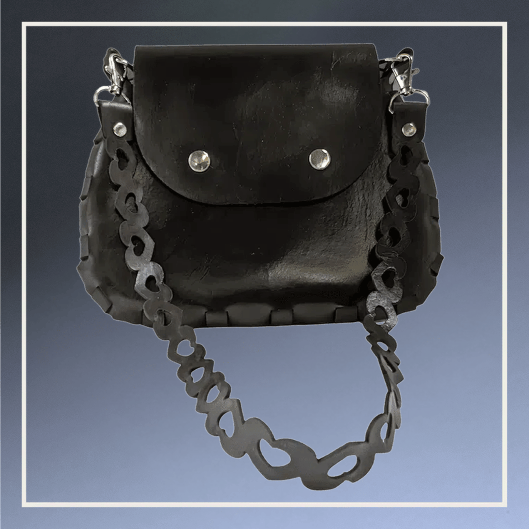 Hand-Crafted Leather Purses and Clutches Black - Sweetheart (11" x 9.5") / 22" Strap / Bronze Clasp