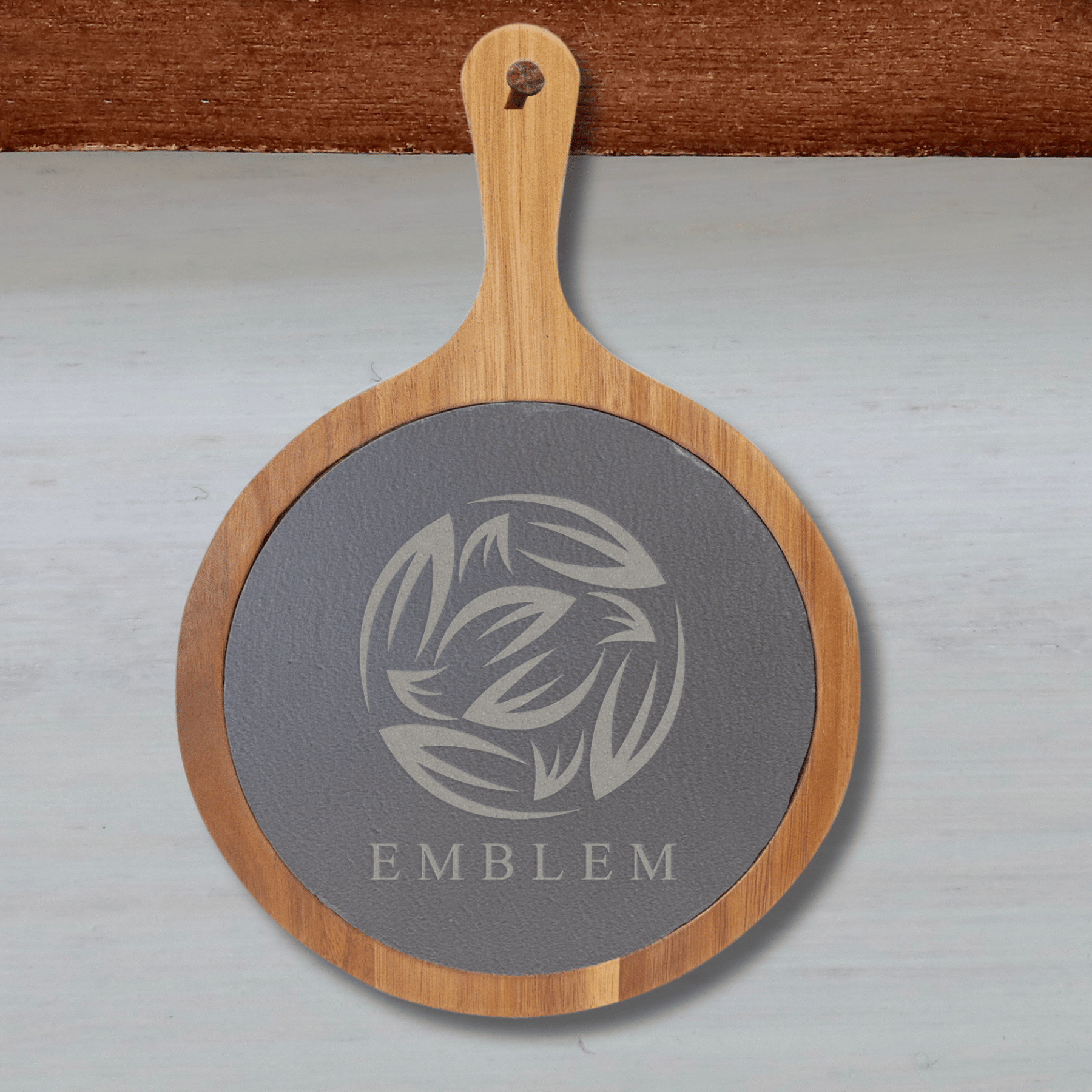 Custom Engraved Round Acacia Wood and Slate Cutting Board with Handle