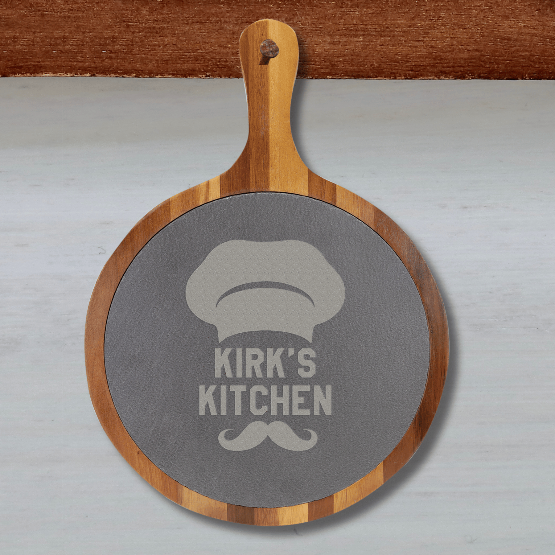 Custom Engraved Round Acacia Wood and Slate Cutting Board with Handle