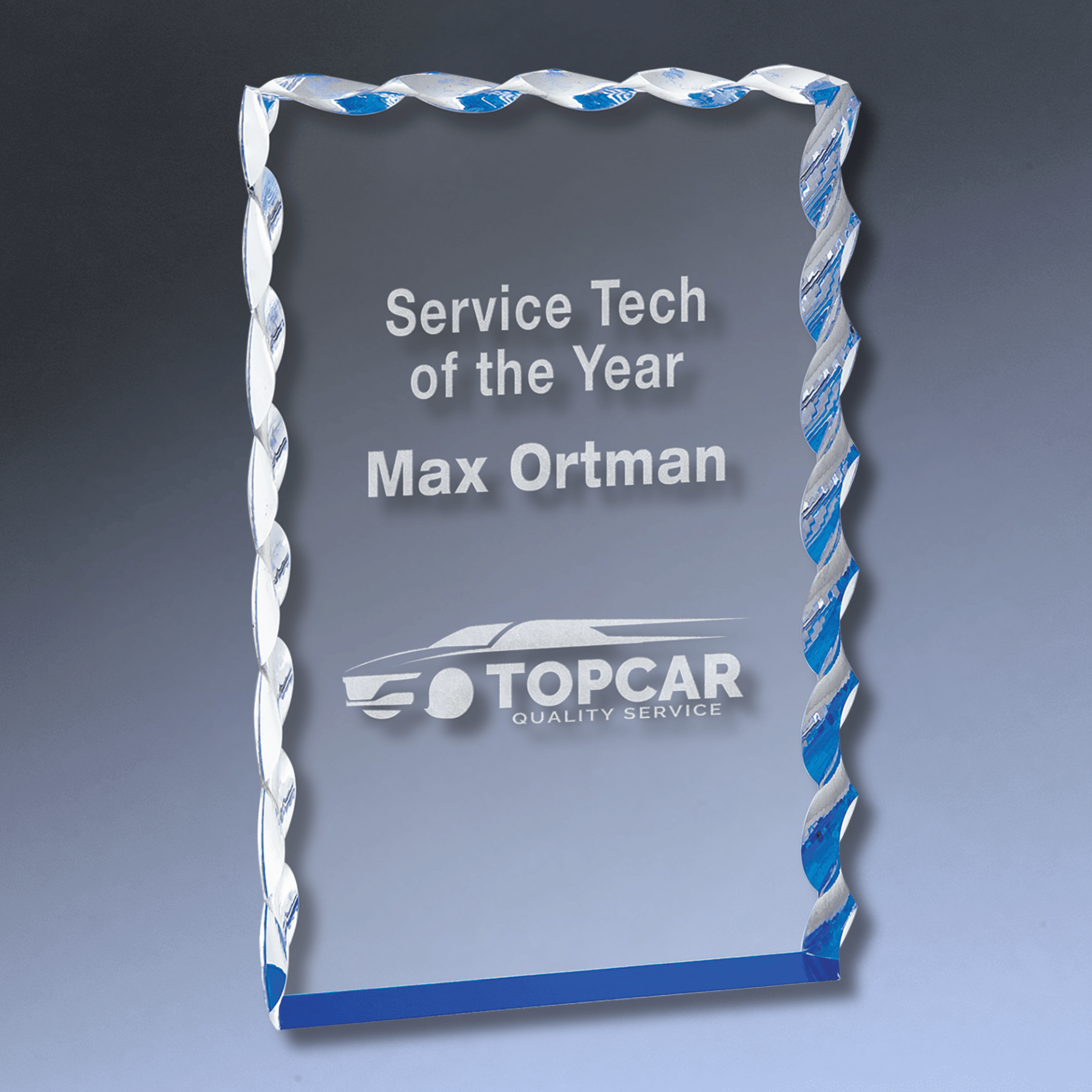 Wave Edge Acrylic Awards - Custom Engraved with Color Accents Blue / 4" x 6"