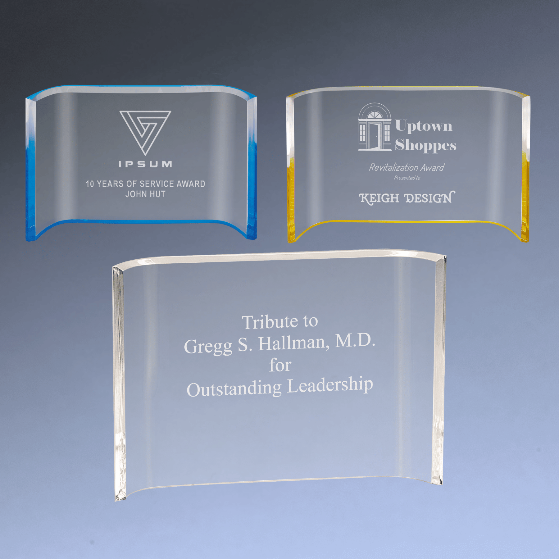 Acrylic Crescent Awards - Solid Clear or with Blue or Gold Tints