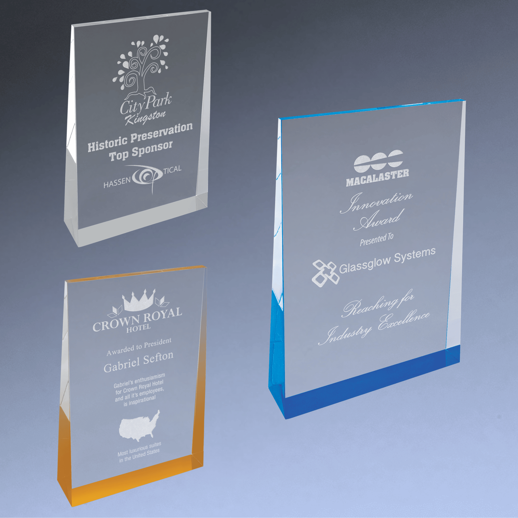 Acrylic Wedge Awards with Blue, Gold or Silver Accents