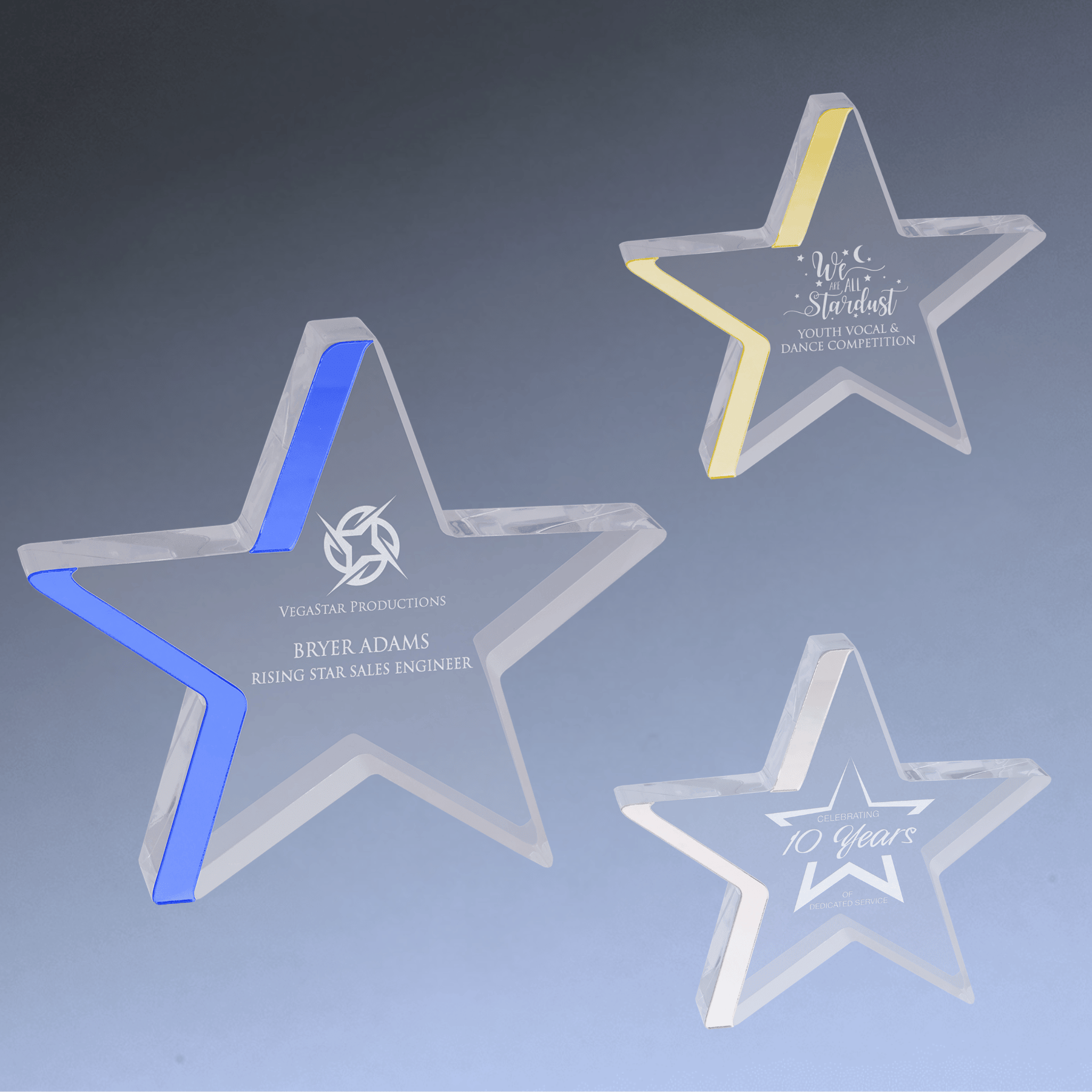 Acrylic Color-Edge Star Awards with Blue, Gold or Silver Accents