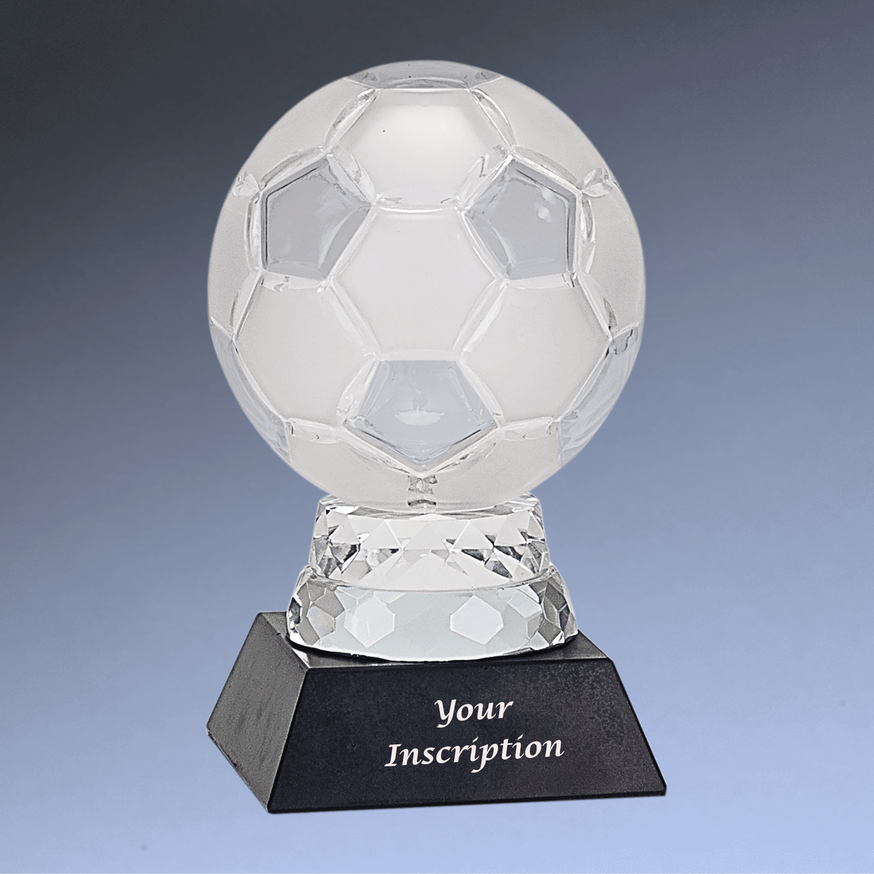 Glass Soccer Ball Trophy with Black Marble Base - Custom Engraved
