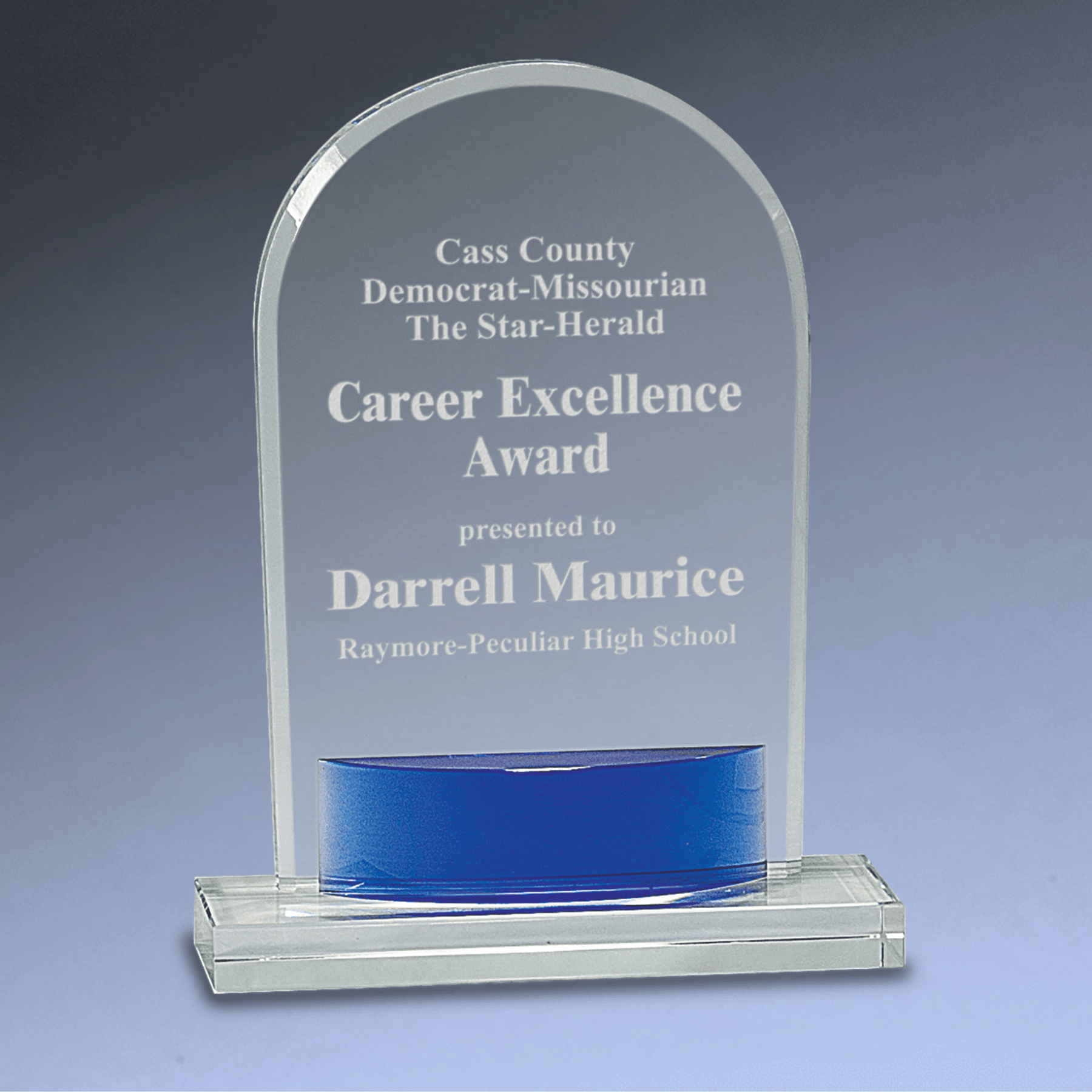 Laser Etched Crystal Awards with Vivid Blue Accents
