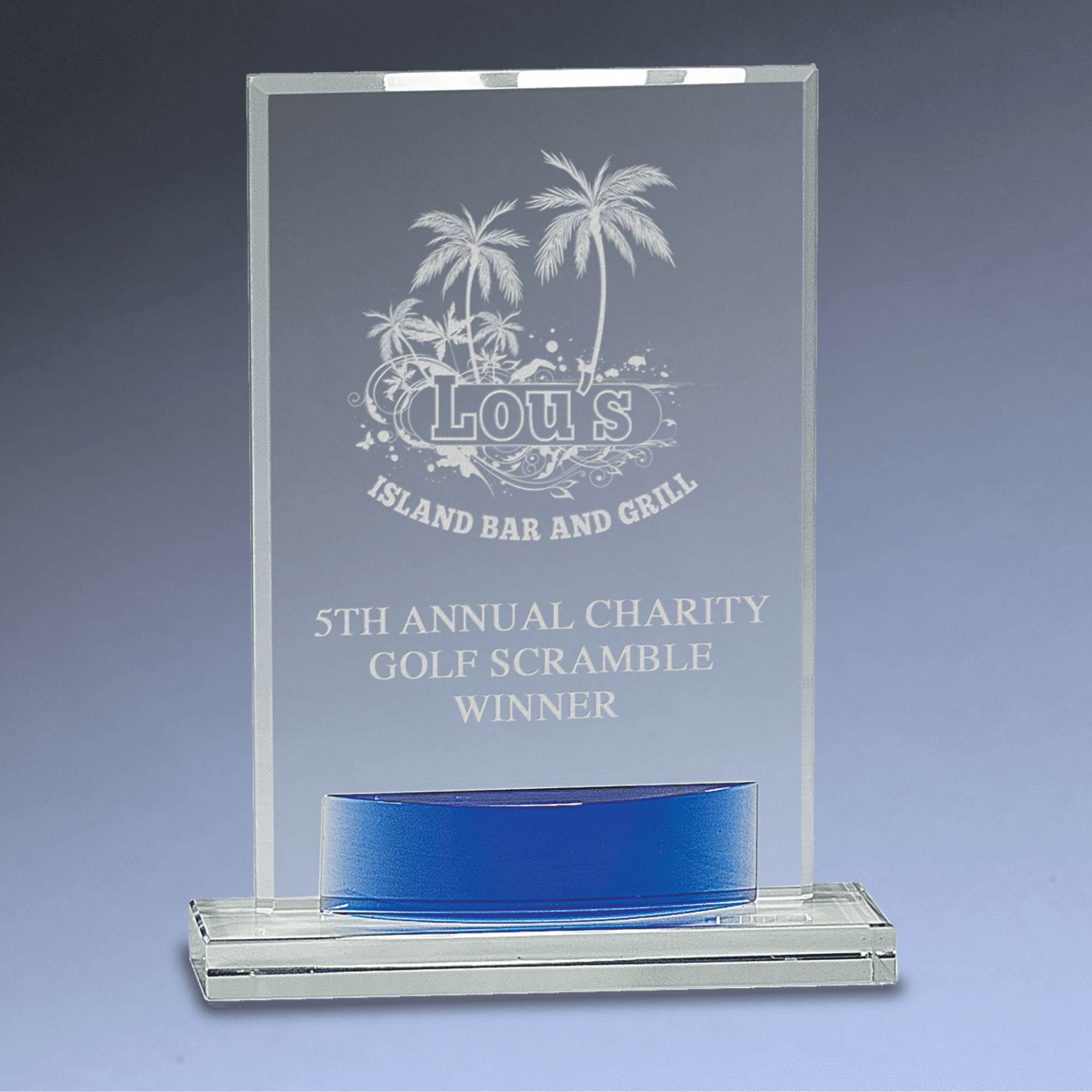 Laser Etched Crystal Awards with Vivid Blue Accents