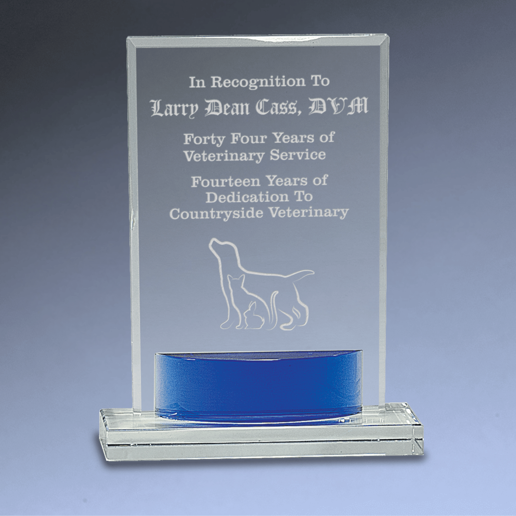 Laser Etched Crystal Awards with Vivid Blue Accents