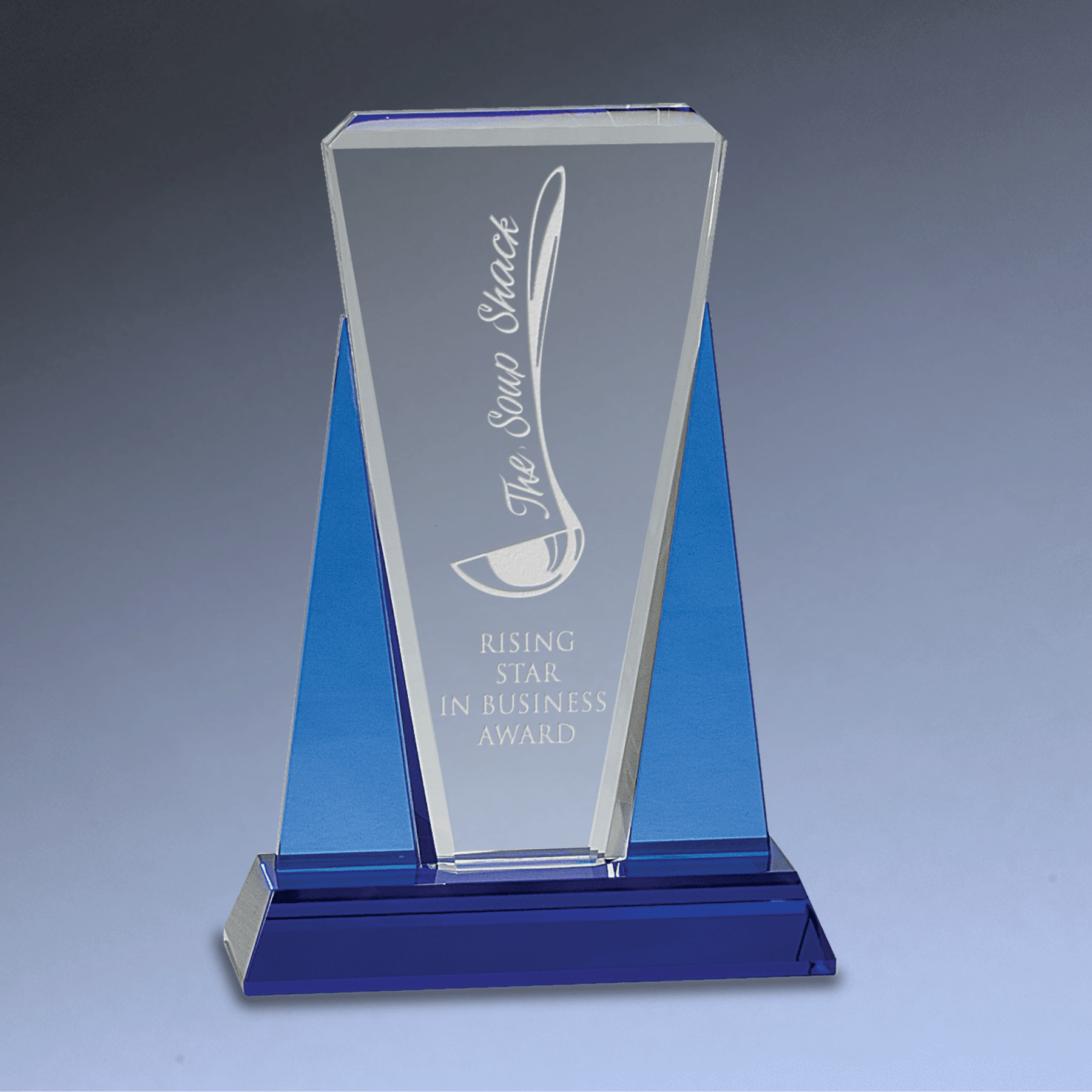 Laser Etched Crystal Awards with Vivid Blue Accents