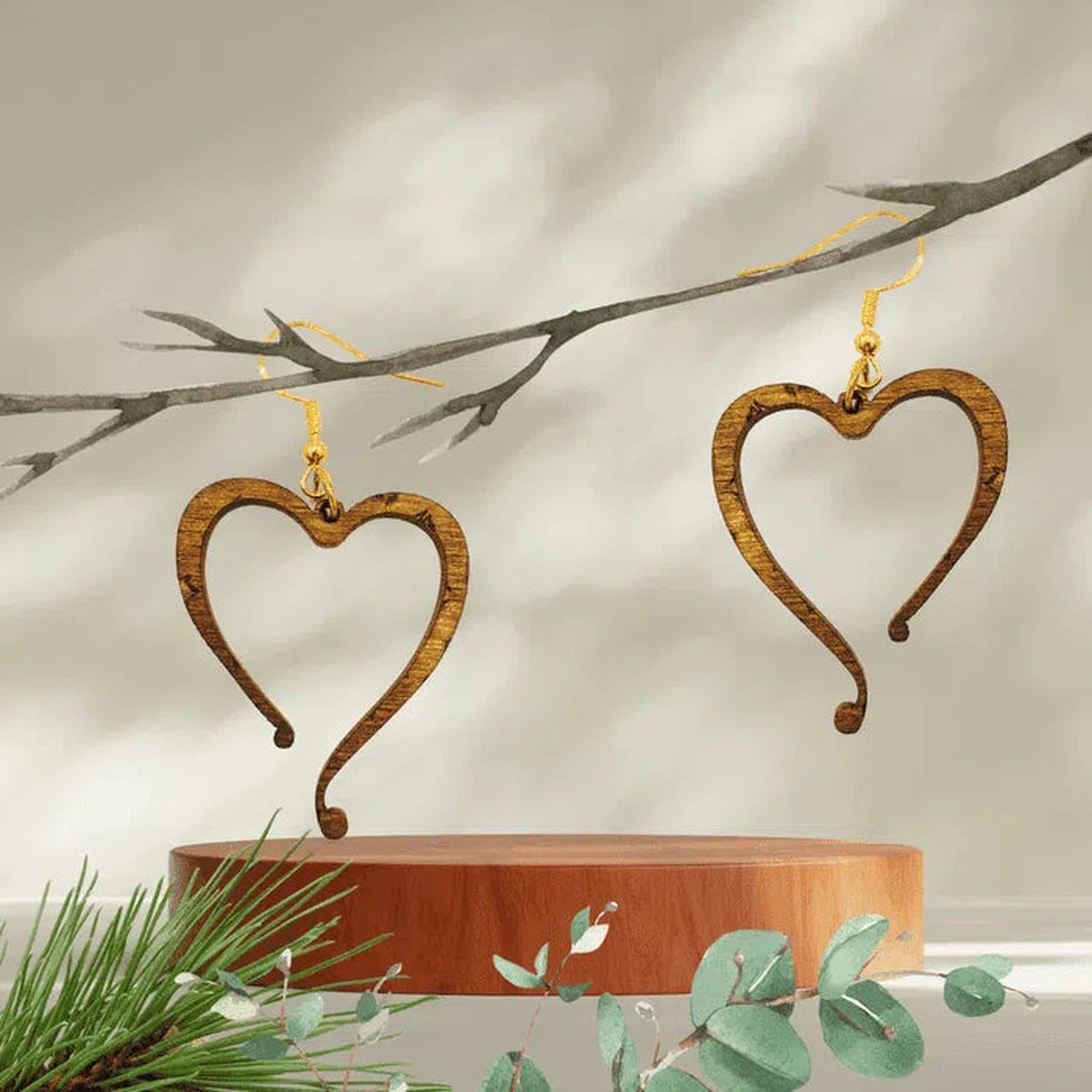 Natural Birch Heart-Shaped Earrings (Hand-Made) Various Styles