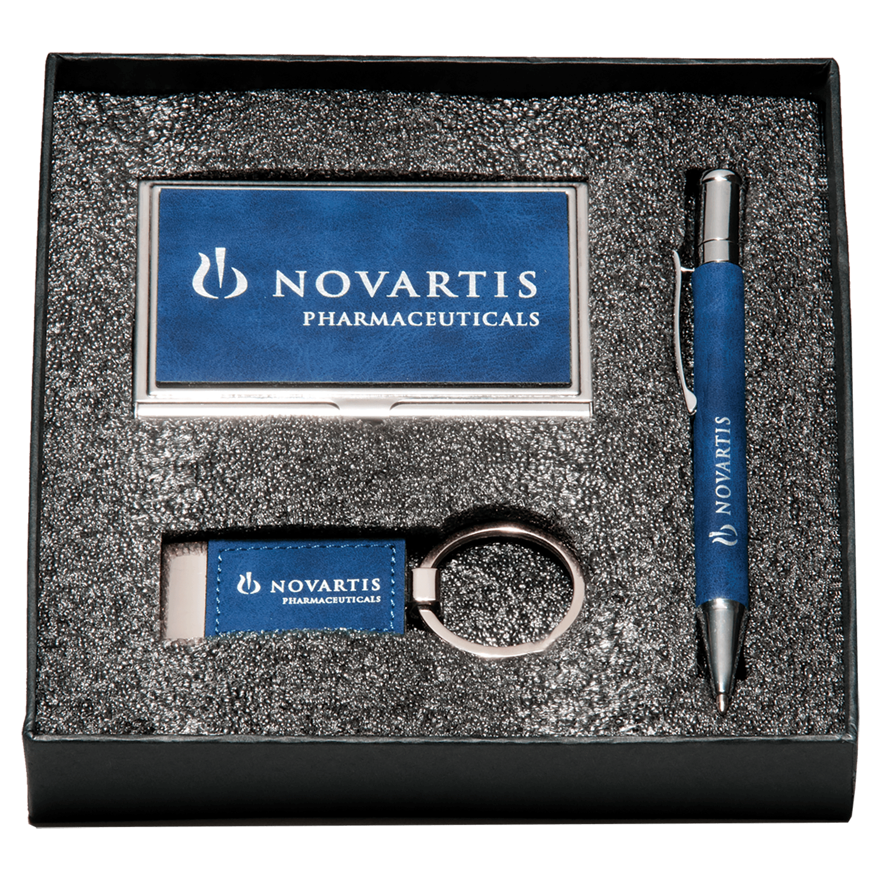Personalized Business Card Gift Sets - Engraved Professional Gifts Blue Marble Leatherette