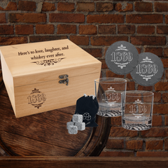 Premium 1860 Custom Engraved Red Alder Box Whiskey Set