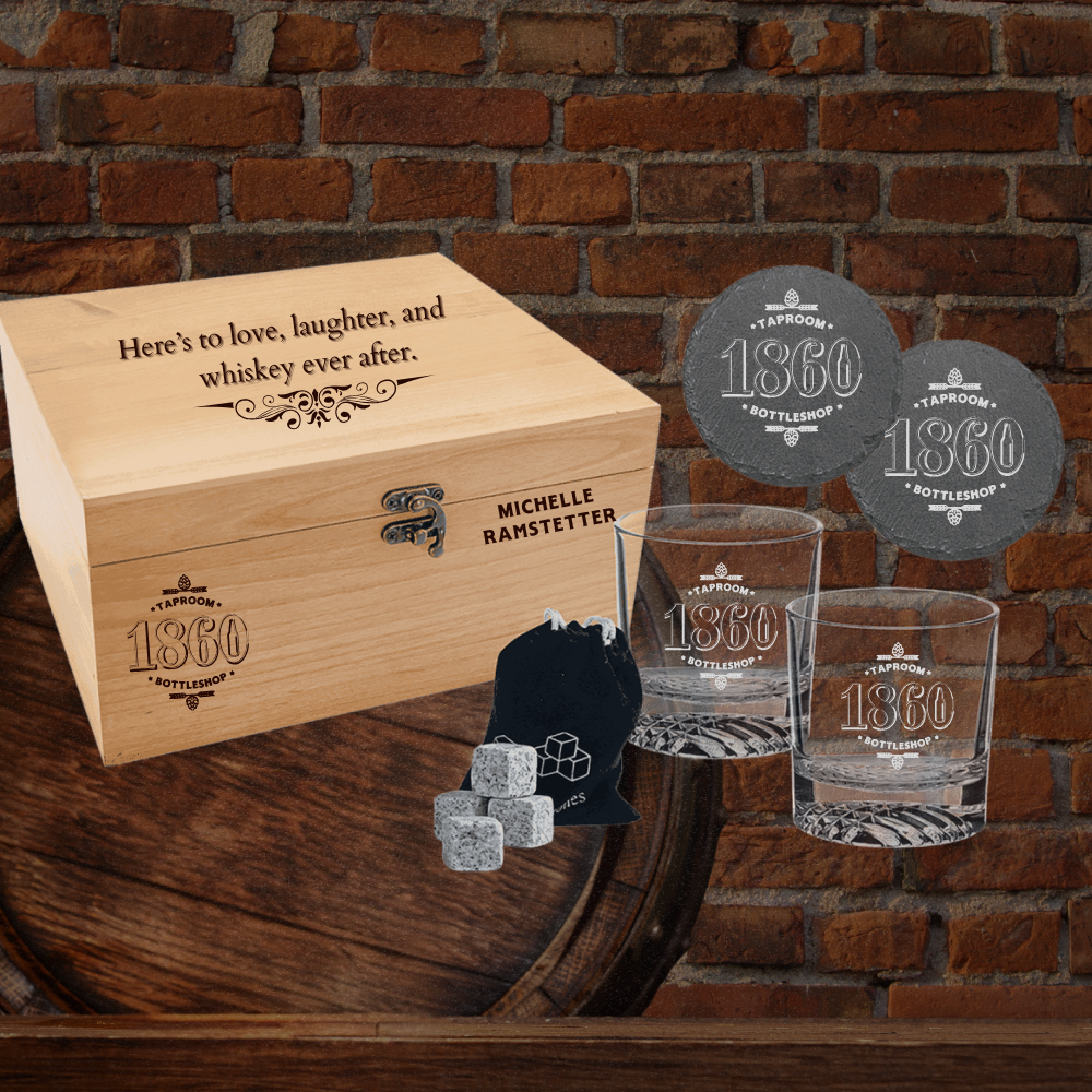 1860 Custom Engraved Red Alder Box Whiskey Set (Personalization Options Available)