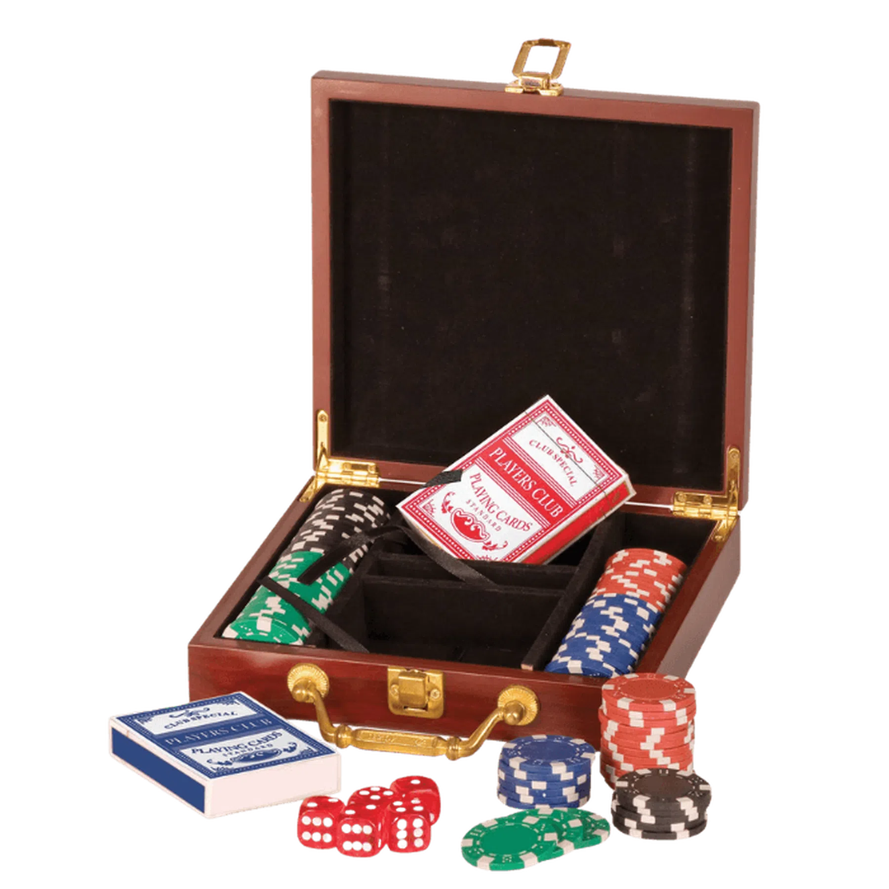Rosewood Finish Poker Gift Set with 100 Chips, 2 Decks of Cards & 5 Dice