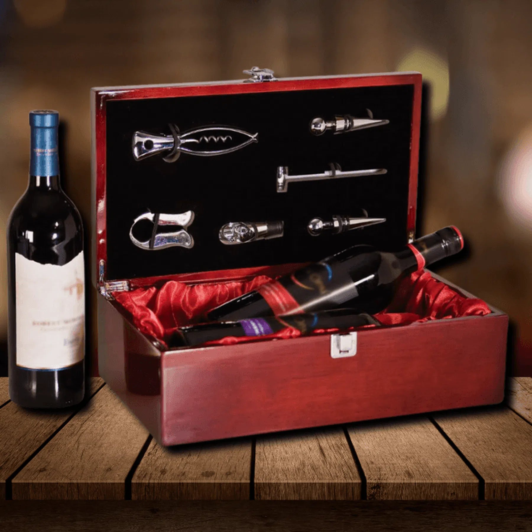 Rosewood Piano Finish Double Wine Presentation Box with 6 Tools