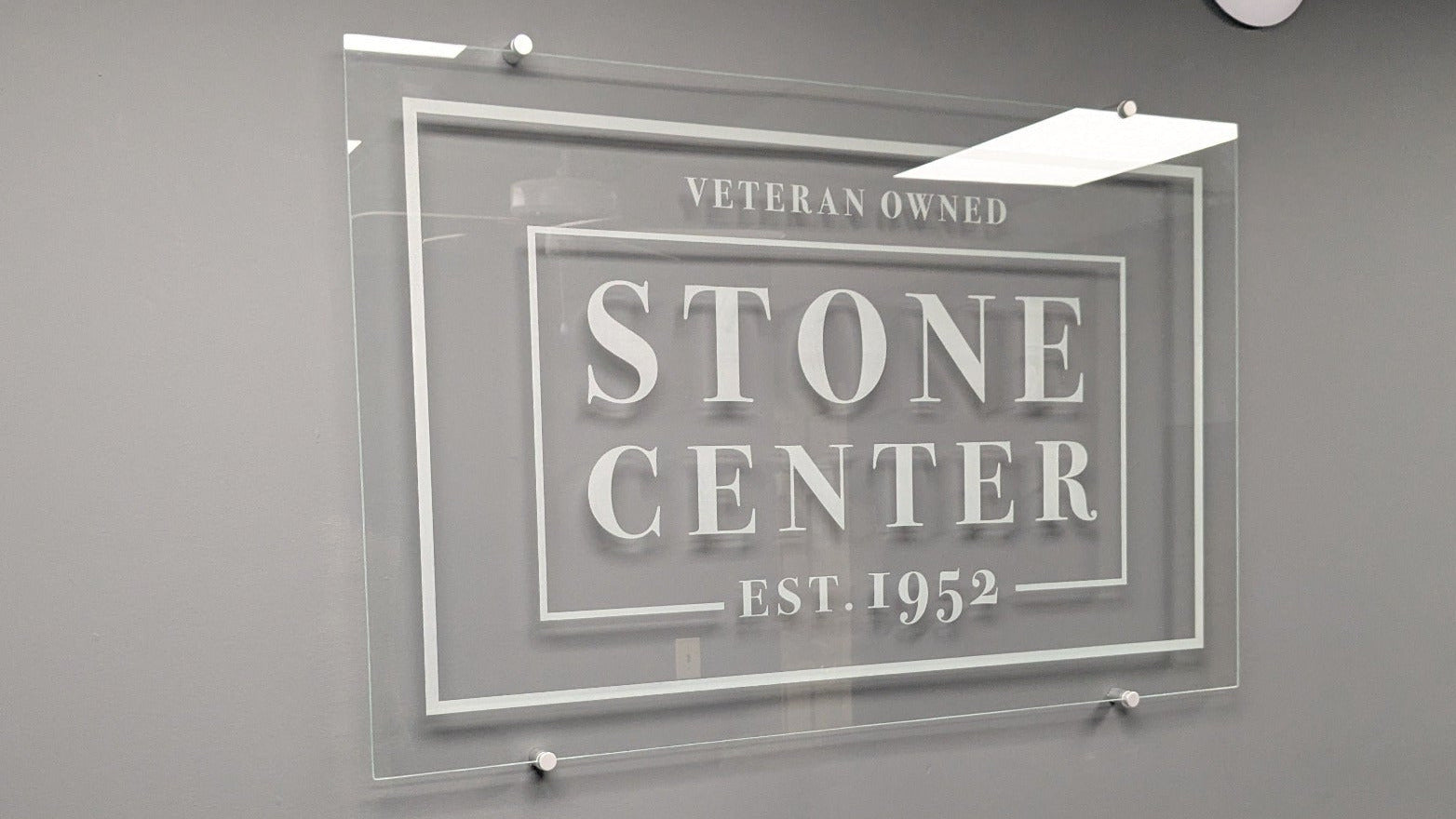 Stone Center Laser Etched Glass Stand Off Display Sign