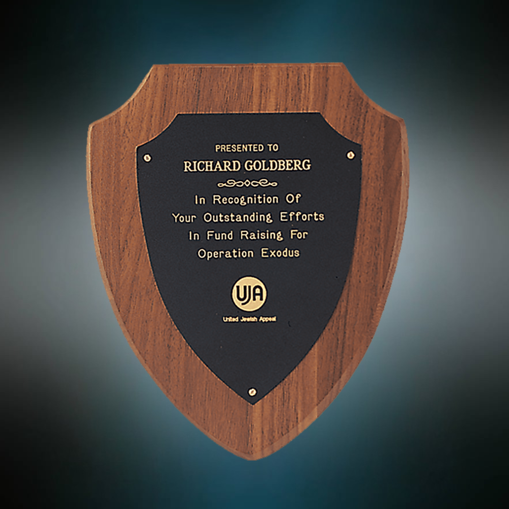 American Walnut Shield Plaque | Black Brass Shield Plate