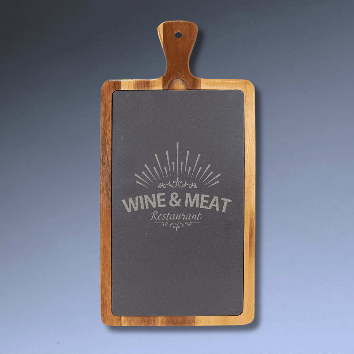 Acacia and Slate Engraved Cutting Boards with Paddle Handle - 13 1/4" x 7"