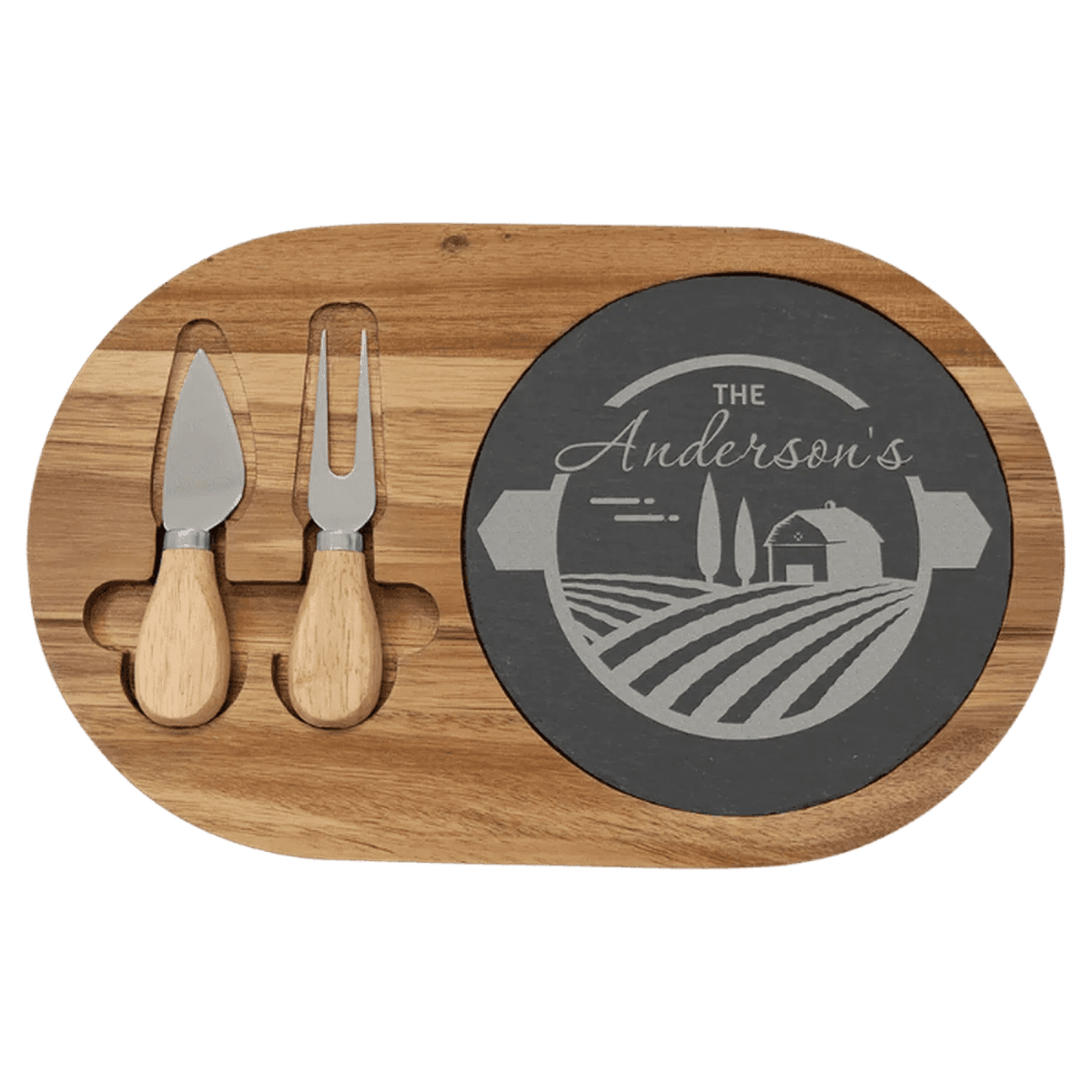Acacia Wood and Slate Cheese Board Set with Serving Tools - Oval (with 2 Cheese Tools)