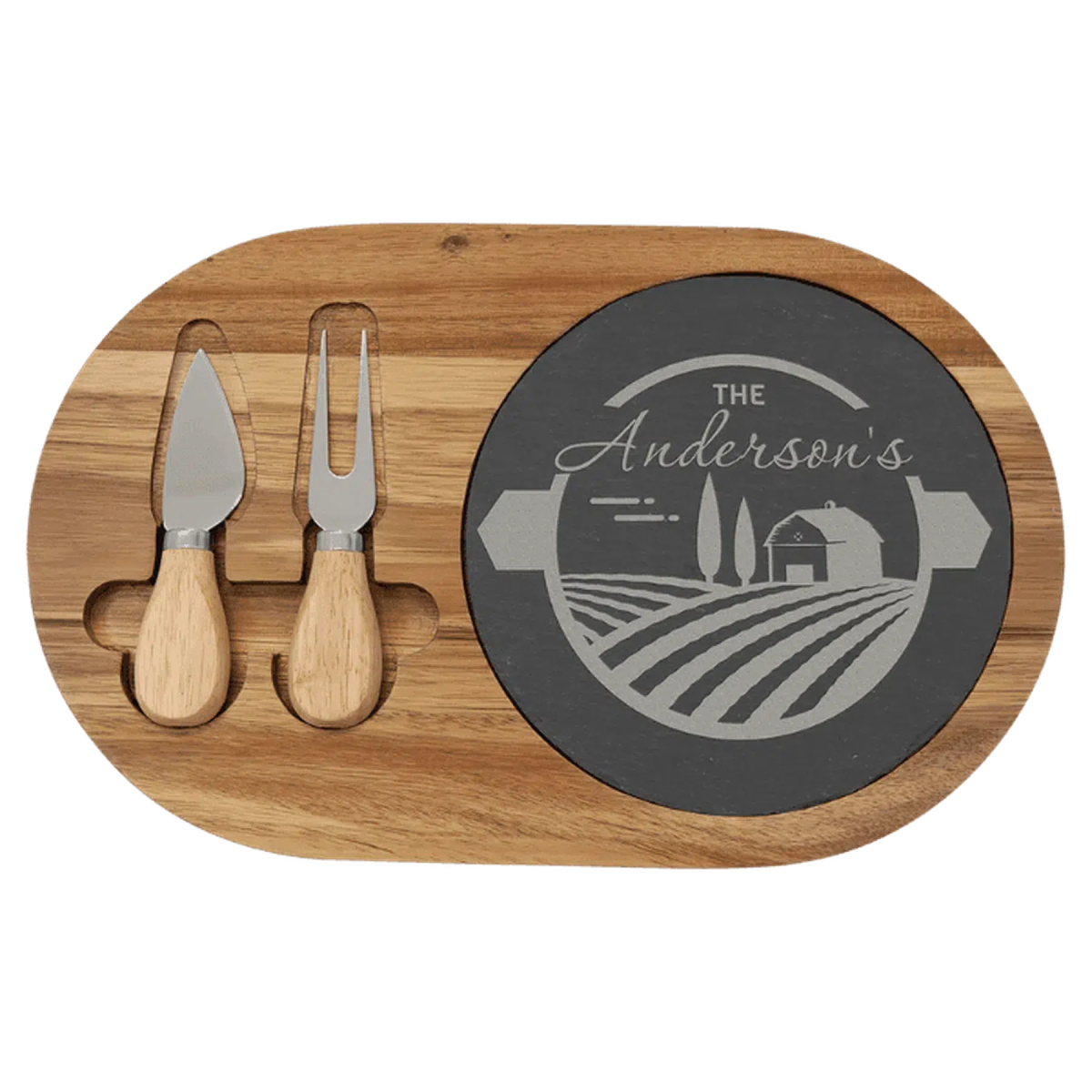 Acacia Wood/Slate Oval Cheese Set with Two Tools - LightForce Laser Engraving, LLC