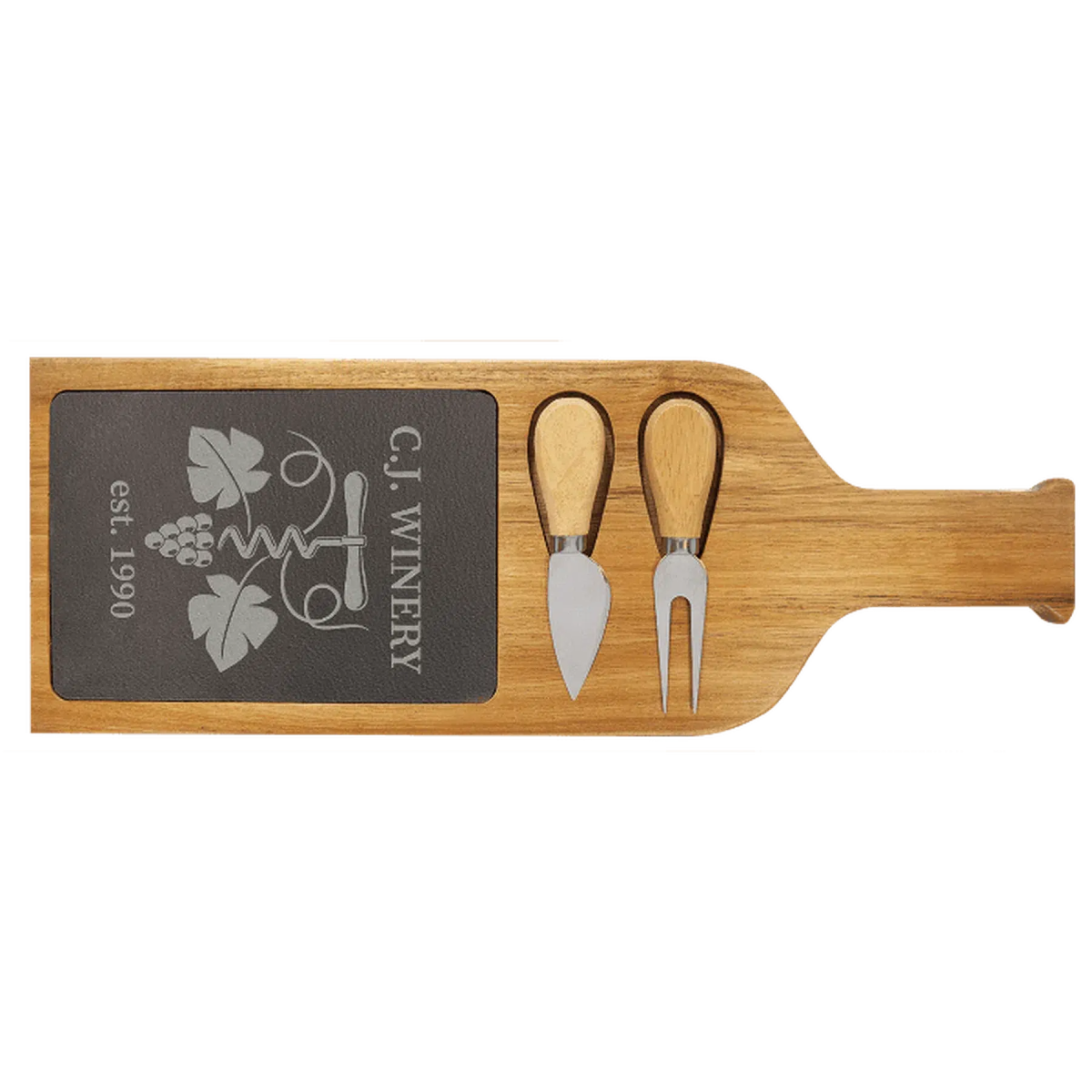 Acacia Wood/Slate Serving Board (Wine Bottle Shape) w/ Cheese Tools - LightForce Laser Engraving, LLC