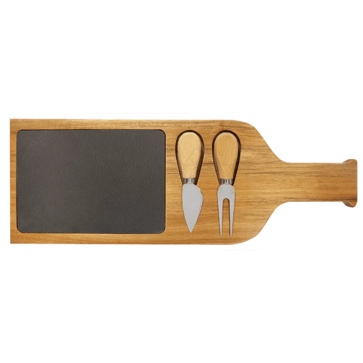 Acacia Wood/Slate Serving Board (Wine Bottle Shape) w/ Cheese Tools - LightForce Laser Engraving, LLC