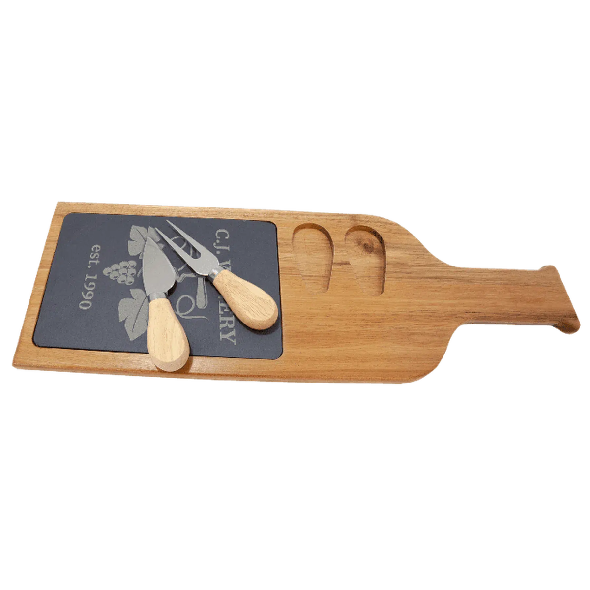 Acacia Wood/Slate Serving Board (Wine Bottle Shape) w/ Cheese Tools - LightForce Laser Engraving, LLC