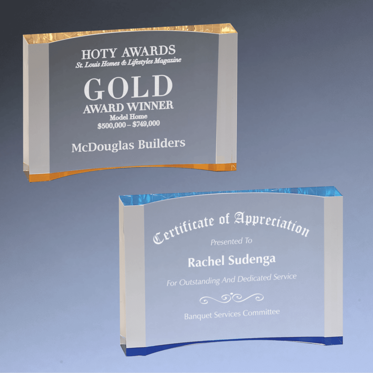 Acrylic Crescent Award with Color Foil Base and Custom Engraving - Blue