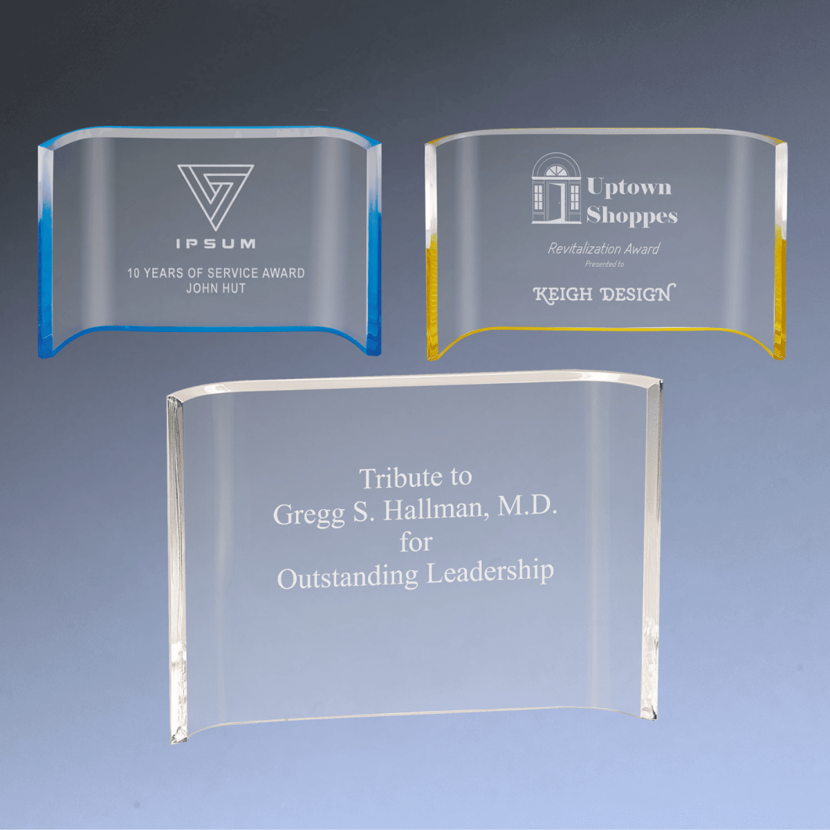 Acrylic Crescent Awards - Solid Clear or with Blue or Gold Tints - Clear