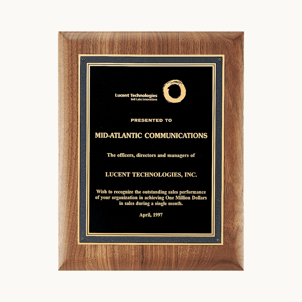 American Walnut Award Plaques with Florentine Brass Plates - Black and Gold Florentine Border