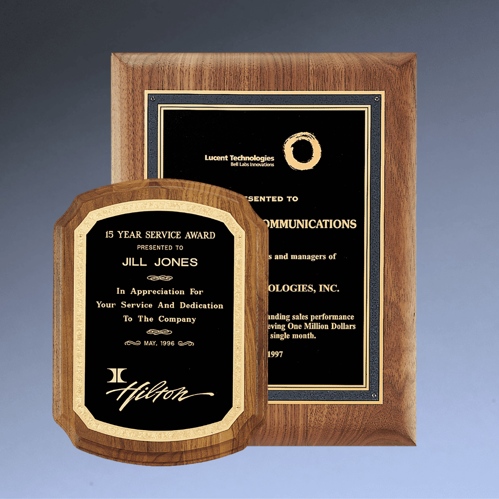American Walnut Award Plaques with Florentine Brass Plates - Gold Florentine Border