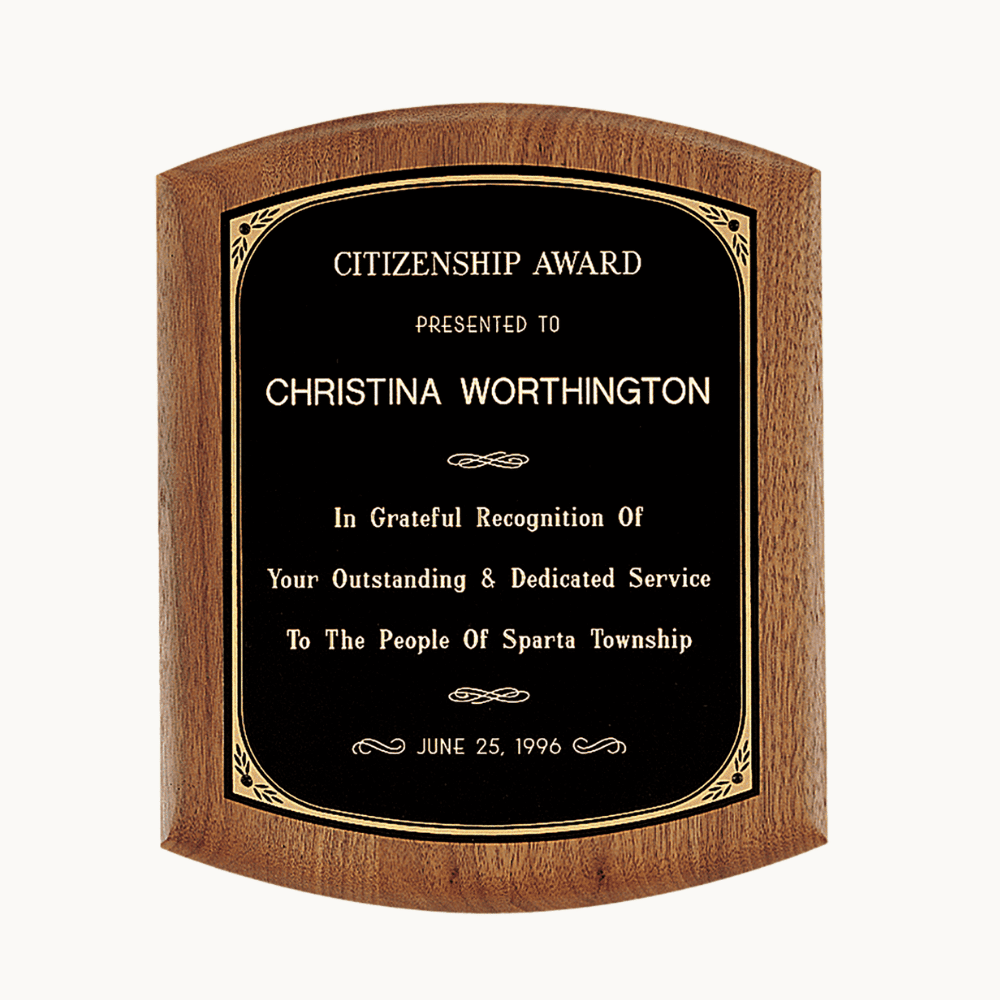 American Walnut Award Plaques with Gold Leaf Black Plates - Arched Top