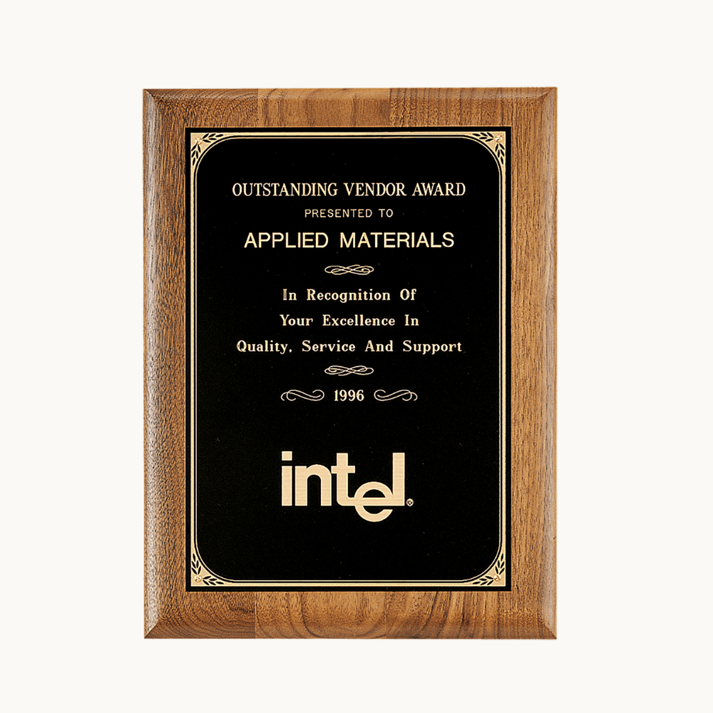 American Walnut Award Plaques with Gold Leaf Black Plates - Square Corners