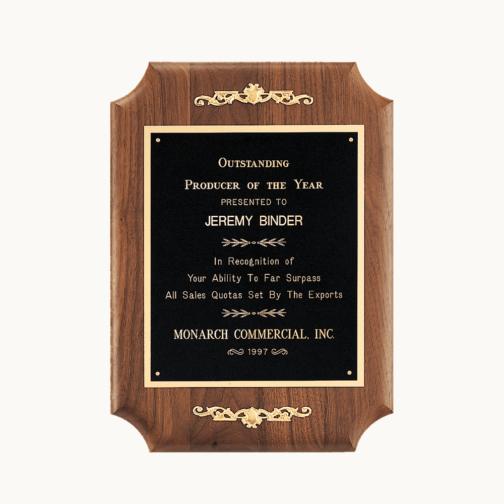 American Walnut Award Recognition Plaque with Gold Scrolls - 11" (L) x 15" (H)
