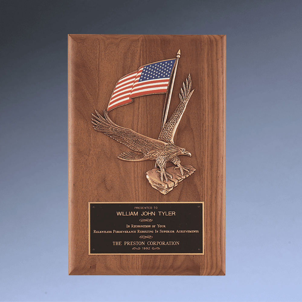 American Walnut Plaques with Bronze American Eagle and Flag - Sculptured Cast American Eagle